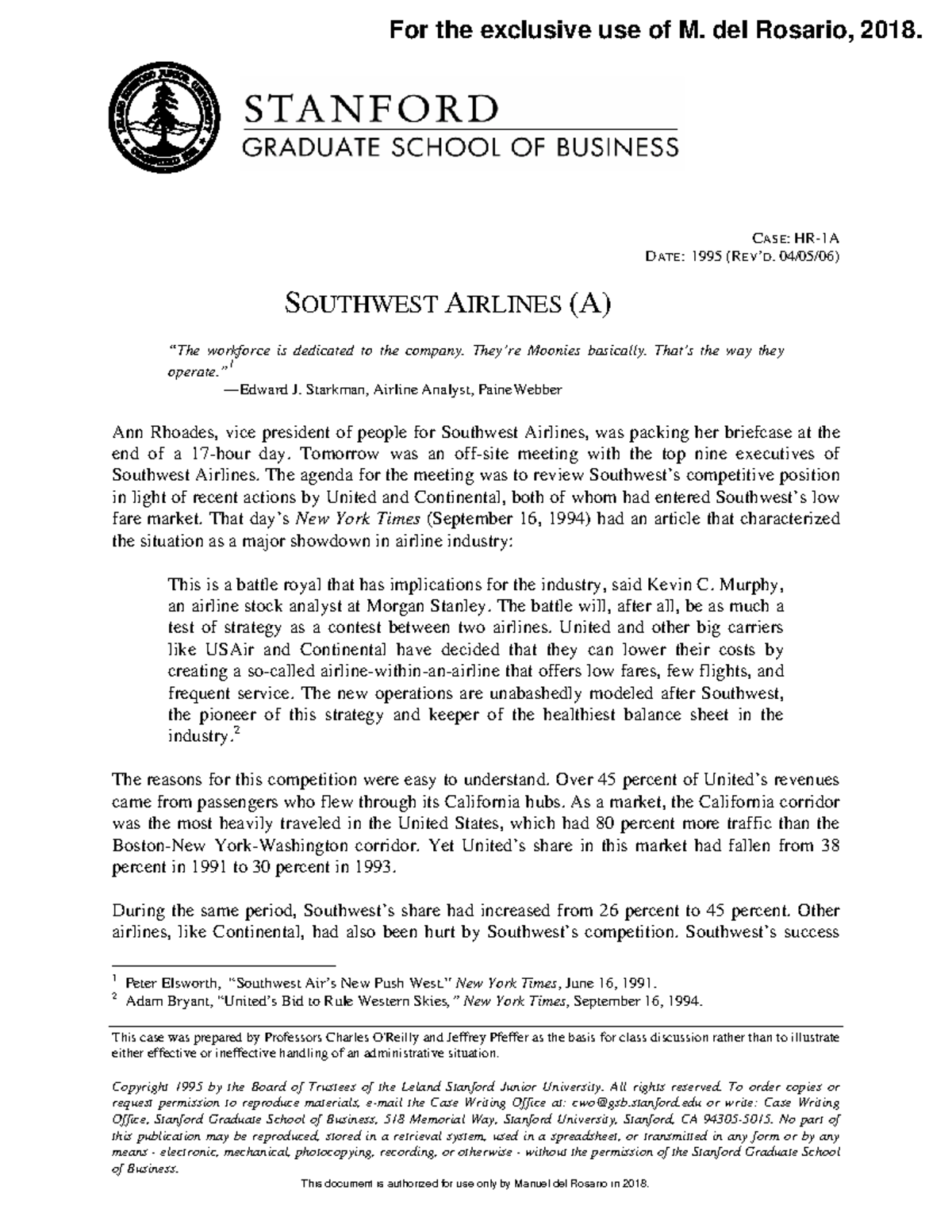 Southwest Airlines HUman Resource Problem CASE HR1A DATE 1995 (REV