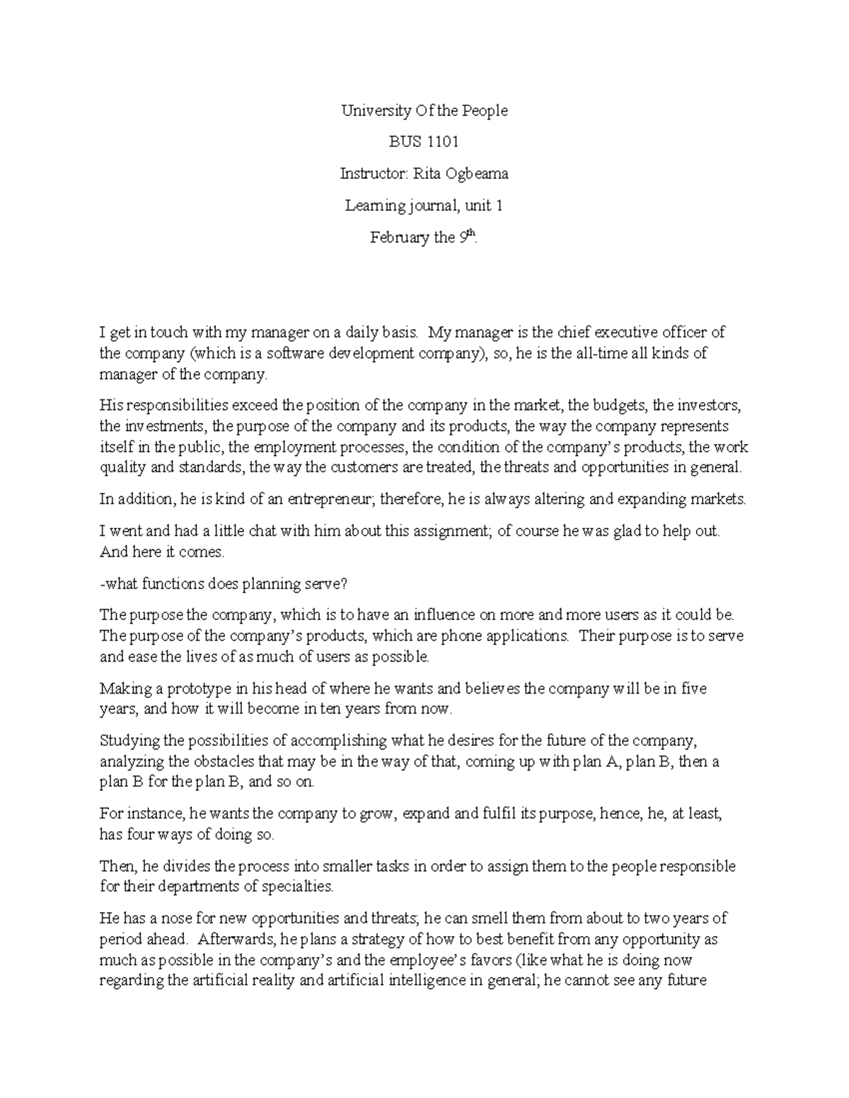 LJ 1 BUS 1101 - LEARNING JOURNAL UNIT 1 - University Of the People BUS ...