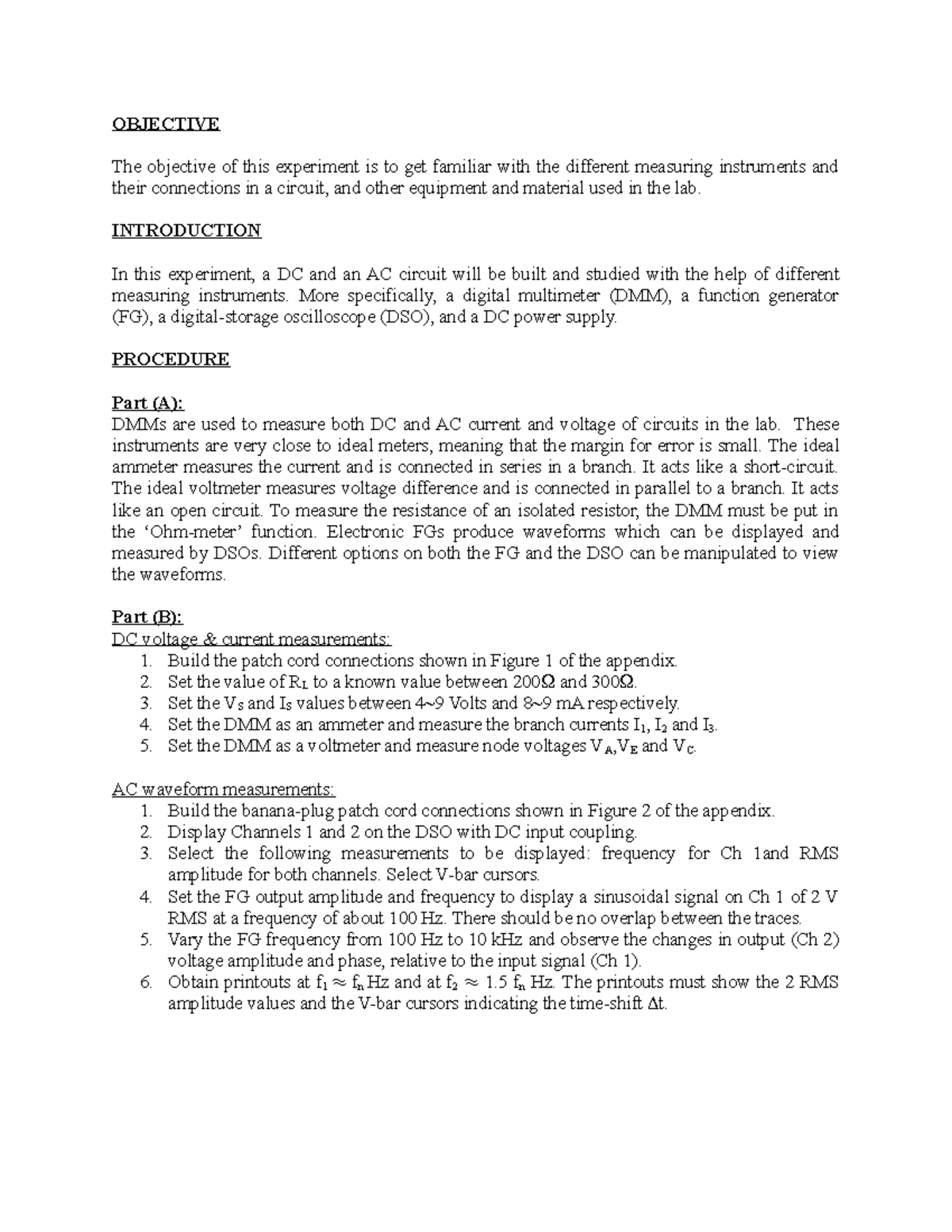 ELEC 273 - Lab report 1 - OBJEC TIVE The objective of this experiment ...