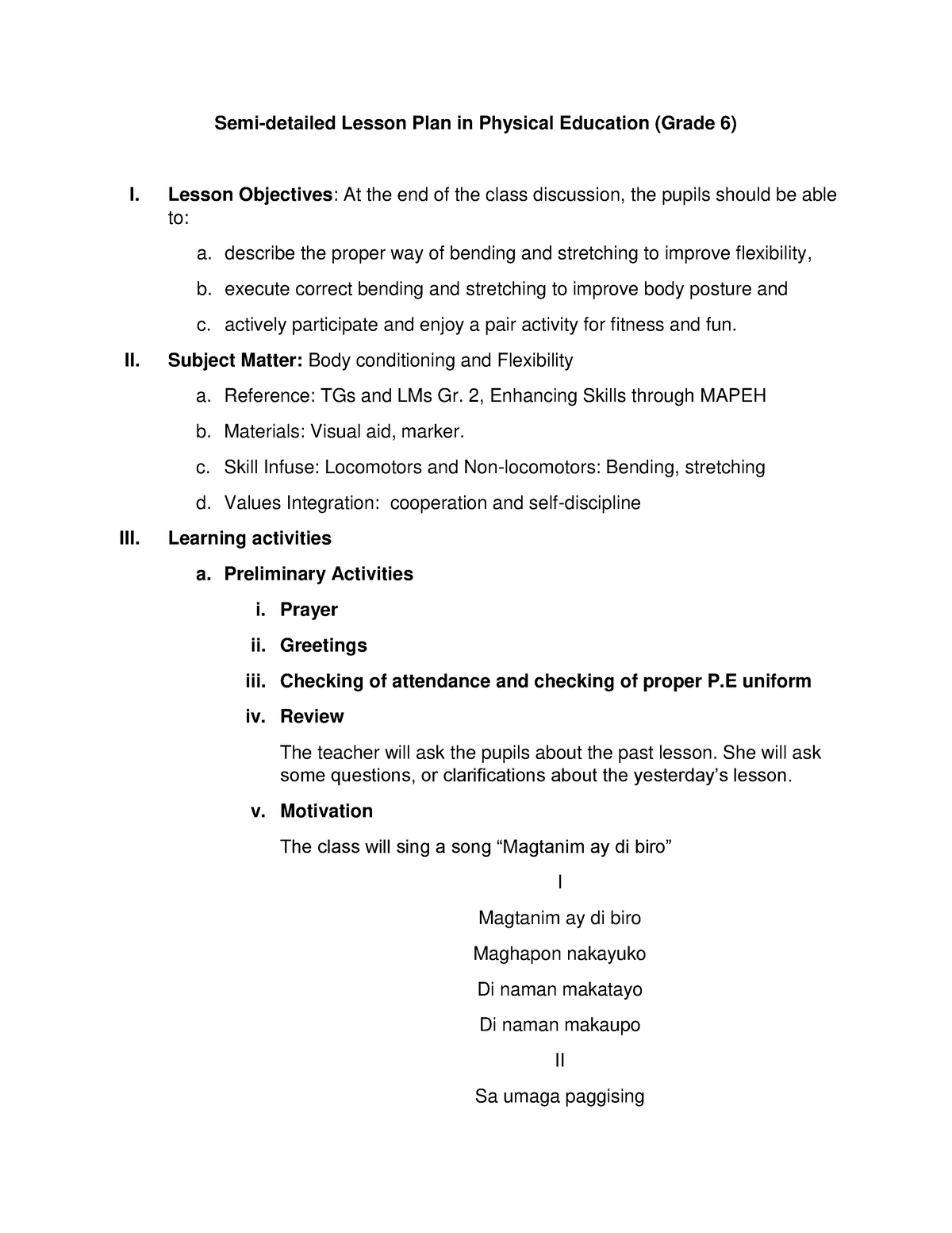 physical education lesson plans grade 6