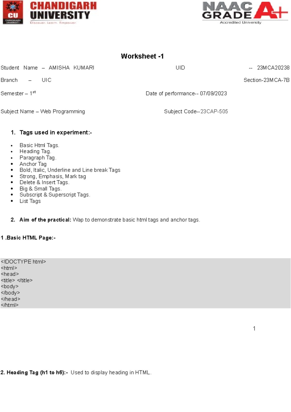 HTML Assignment new - Worksheet - Student Name – AMISHA KUMARI UID ...