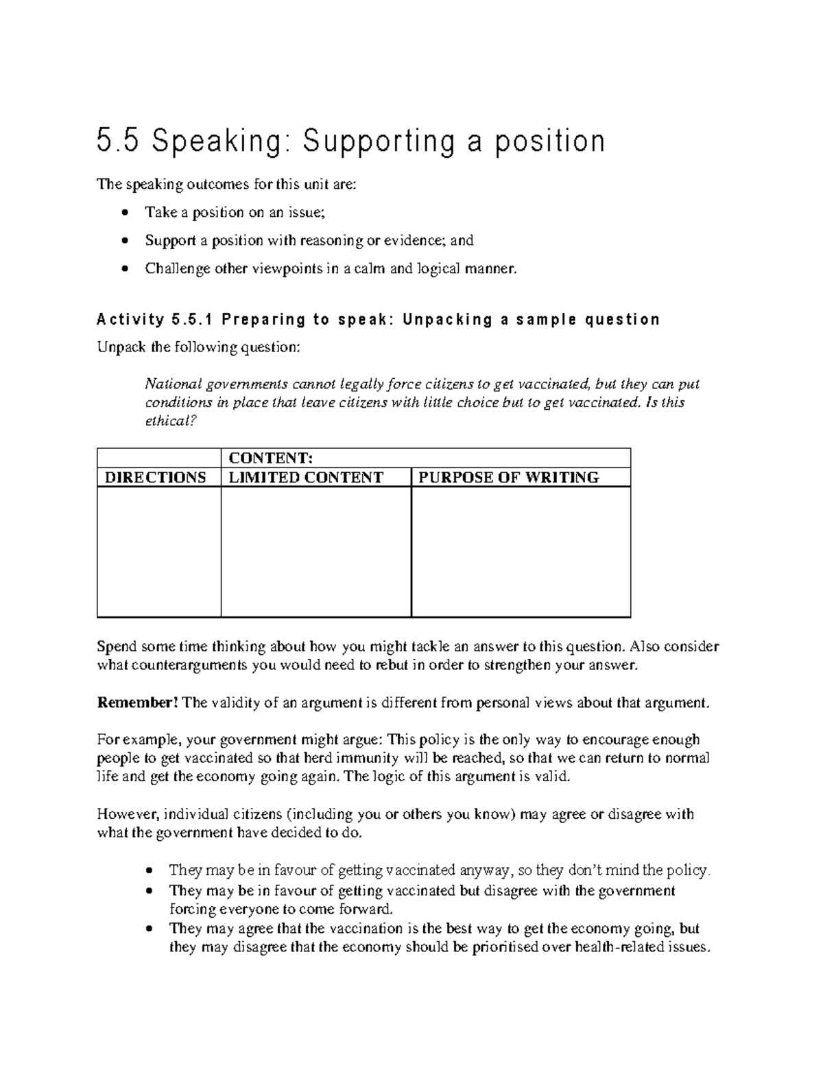 Week 5 Speaking Notes 5 Speaking Supporting a position The