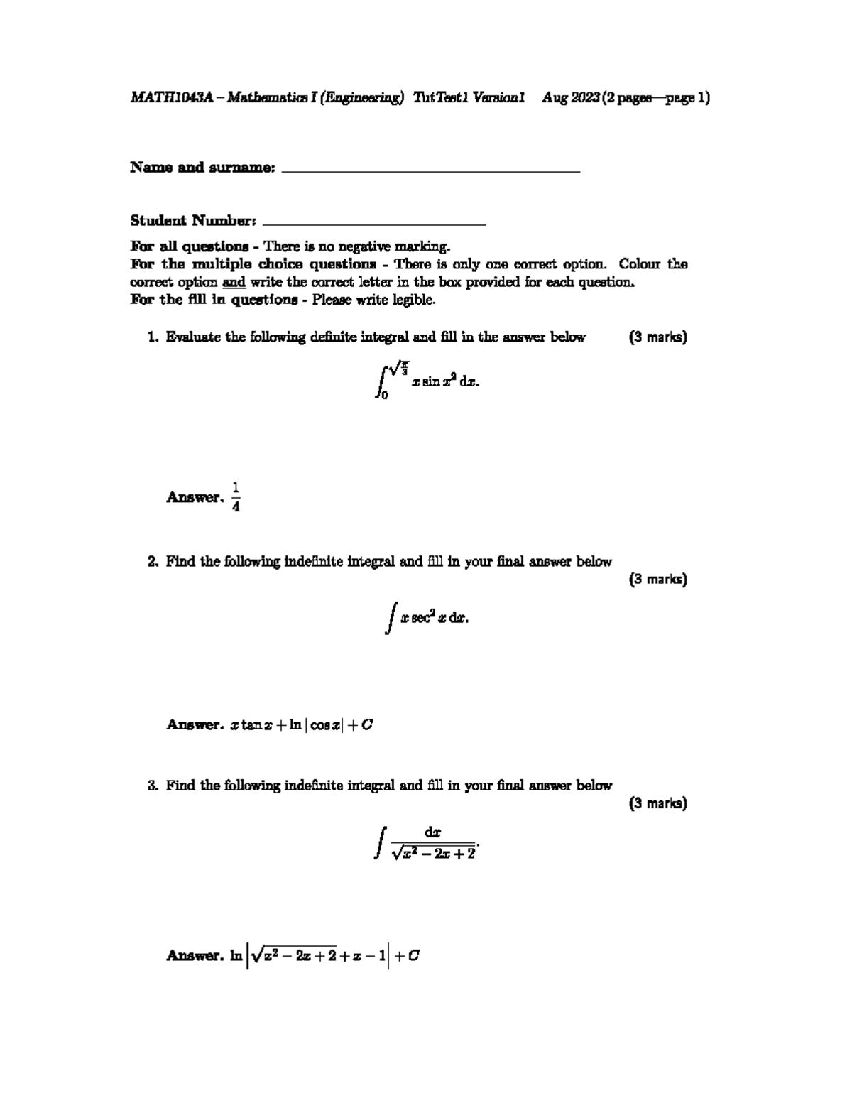 MATH1043 tut test1 v1 memo - MATH1043 - Studocu