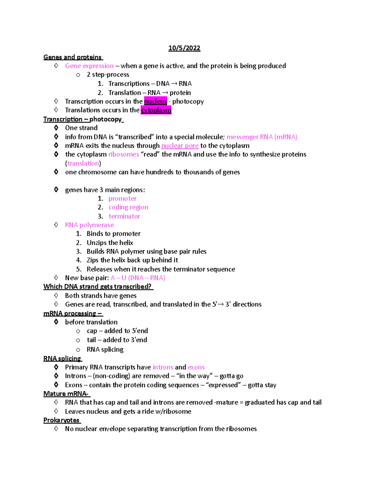 Bio notes 2 - 10/5/ Genes and proteins Gene expression – when a gene is ...