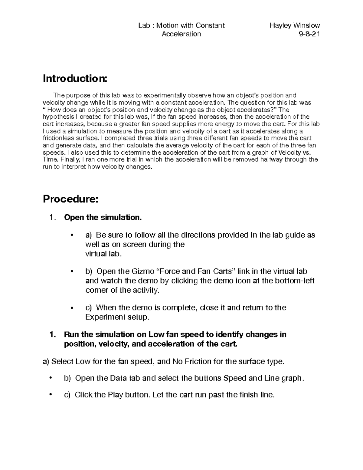 lab motion with constant acceleration assignment lab report brainly