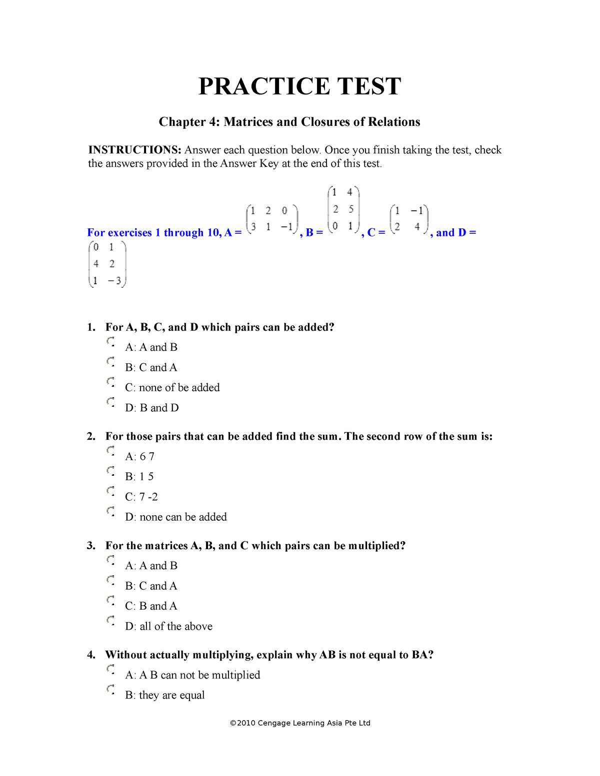 Chapter 4 Practice Test - PRACTICE TEST Chapter 4: Matrices And ...