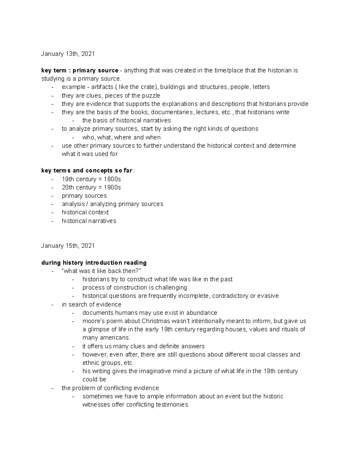 History Notes - January 13th, 2021 key term : primary source - anything ...
