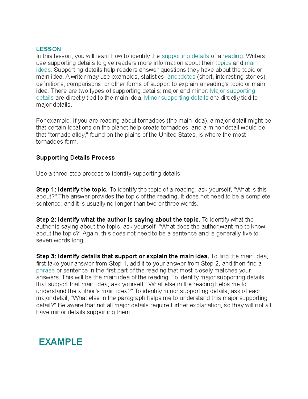 Supporting Details LESSON In this lesson, you will learn how to