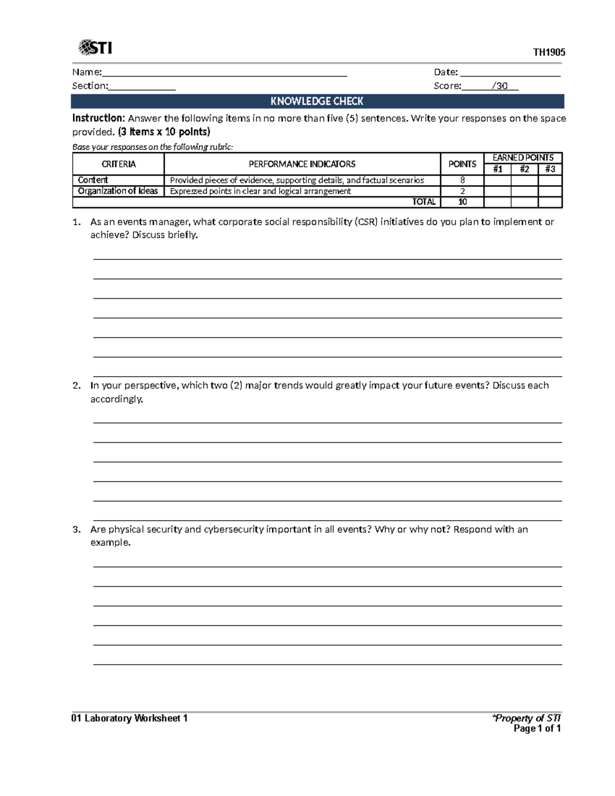 01 Laboratory Worksheet 1 - TH Name: Date: Section: Score: / KNOWLEDGE ...