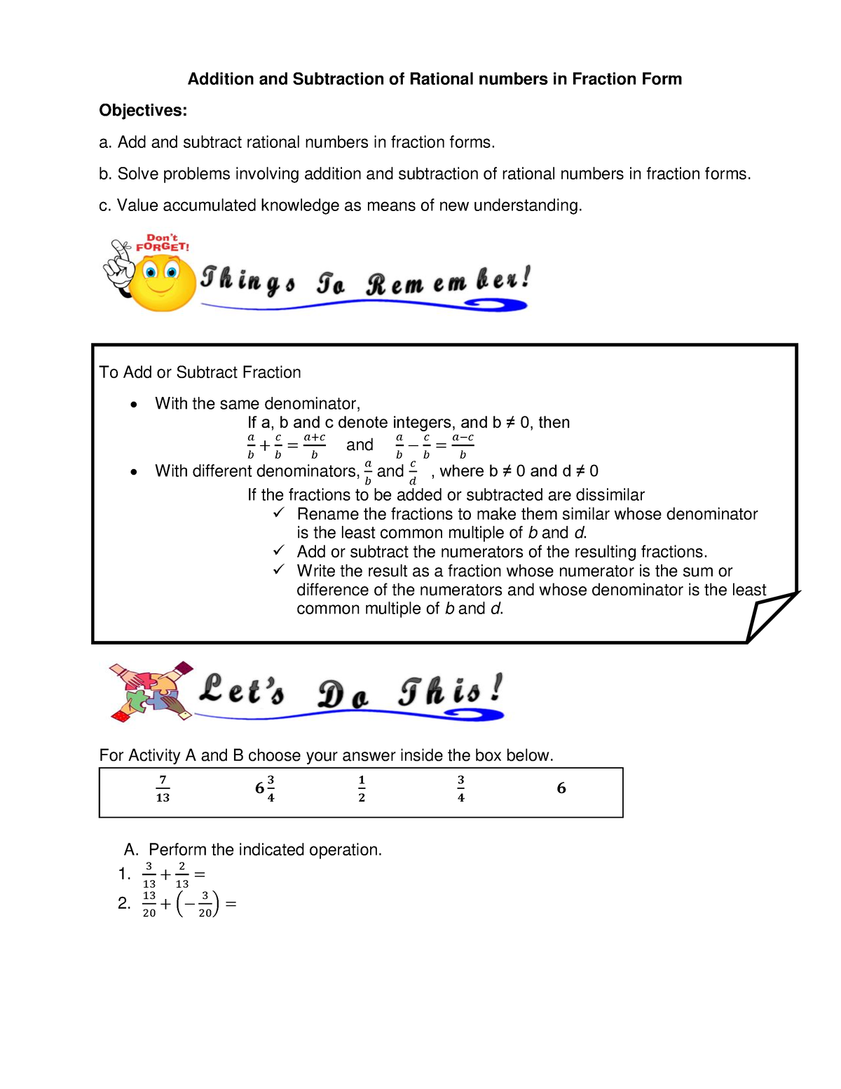 Q1-LAA-10 - Worksheet In Grade 7 Math Quarter 1 - Addition And ...