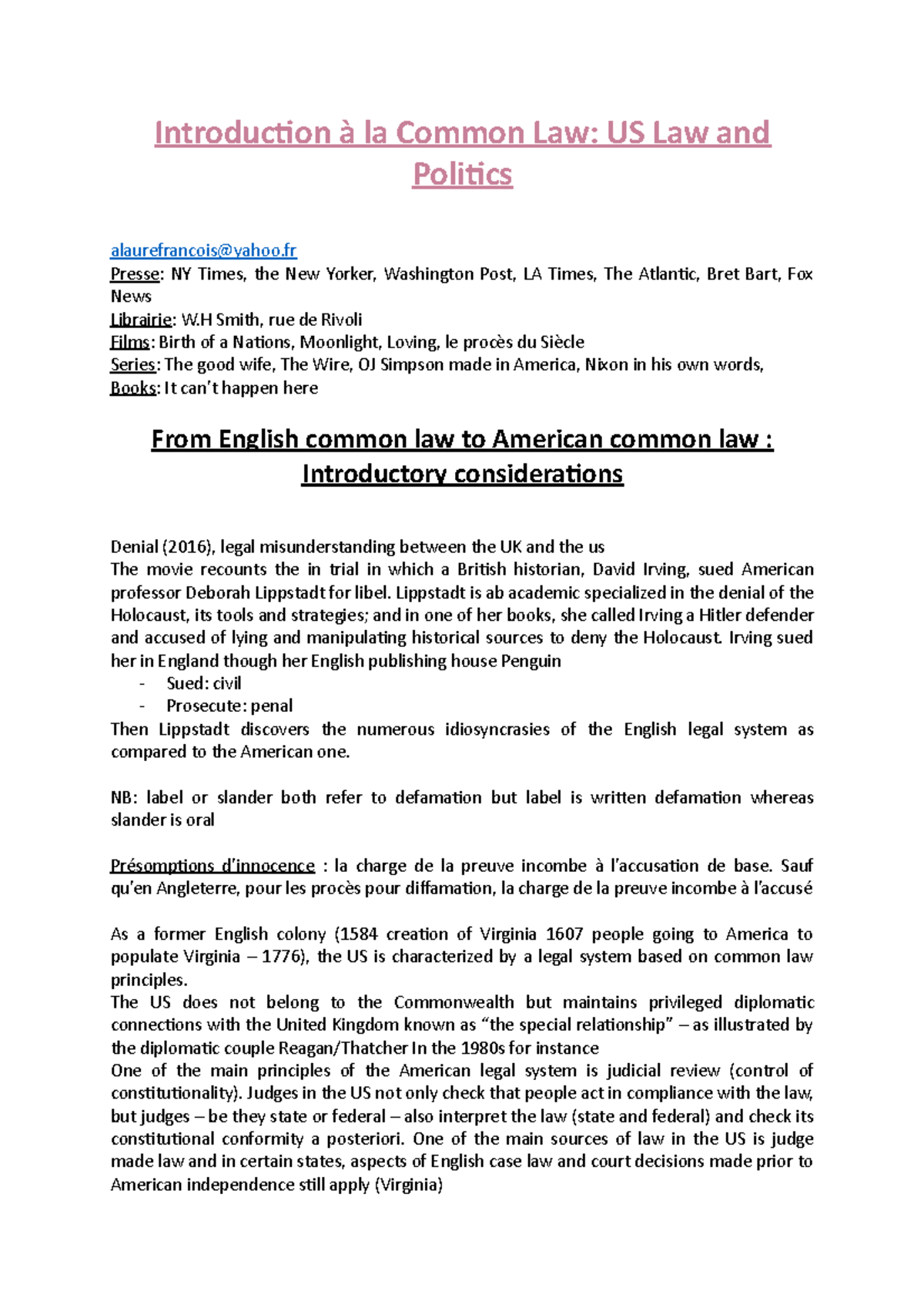 Introduction à la Common Law Introduction à la Common Law US Law and