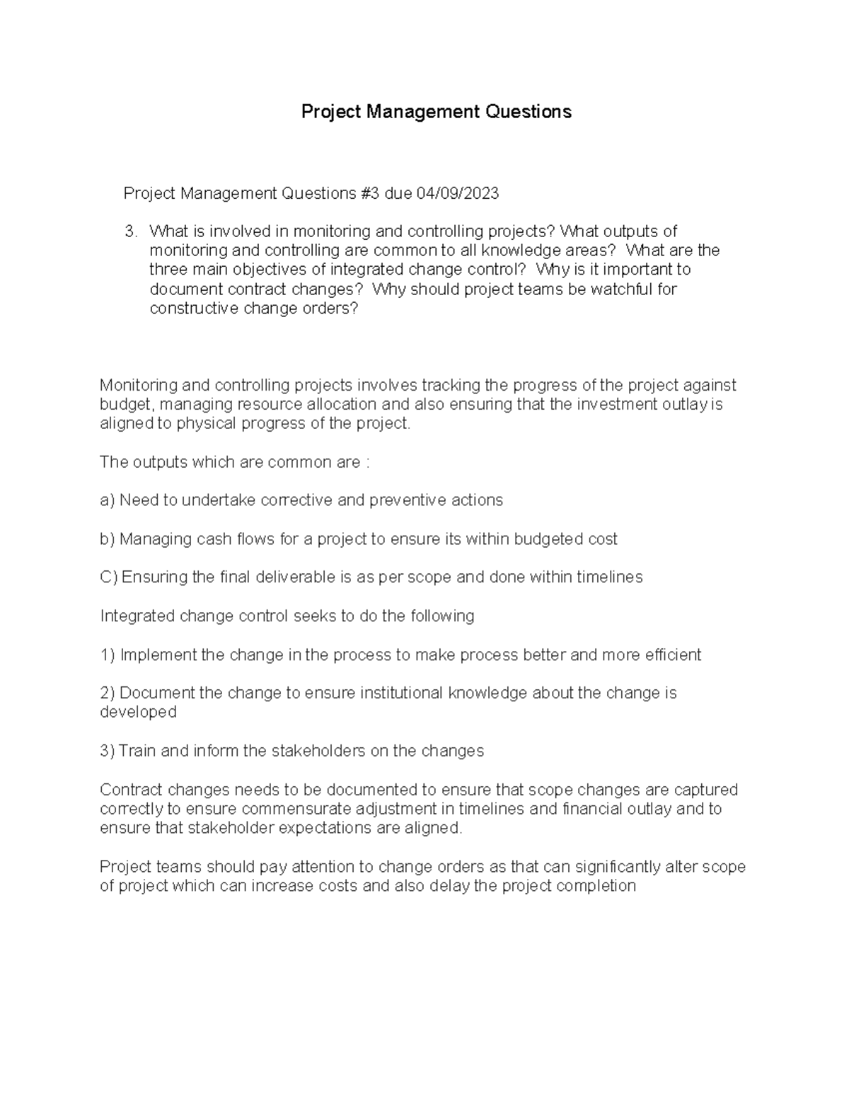 Project Management Questions #3 Spring 2023 - HMME-1012 - Capital - Studocu