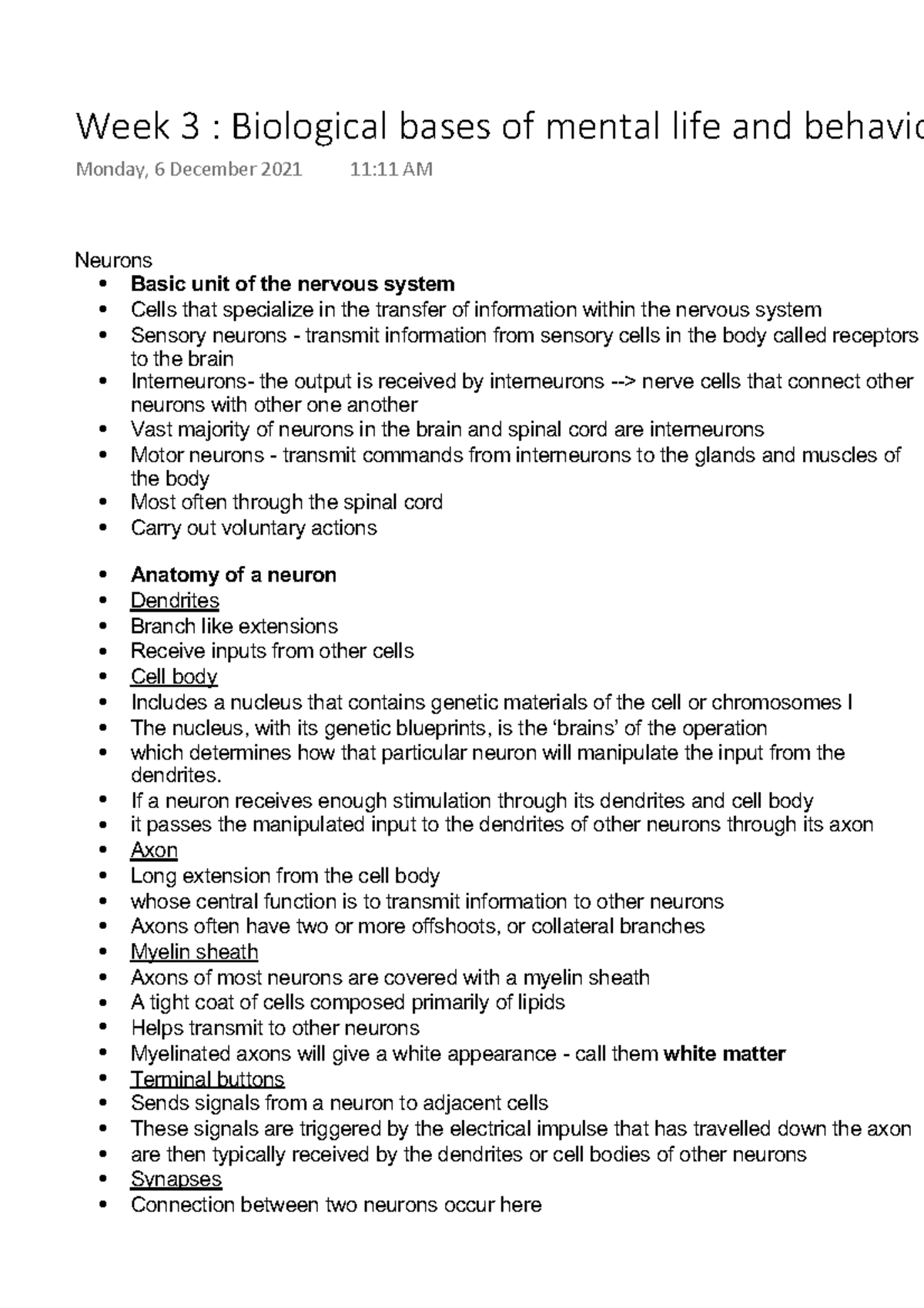 Week 3 Biological bases of mental life and behavior - Neurons - Basic ...