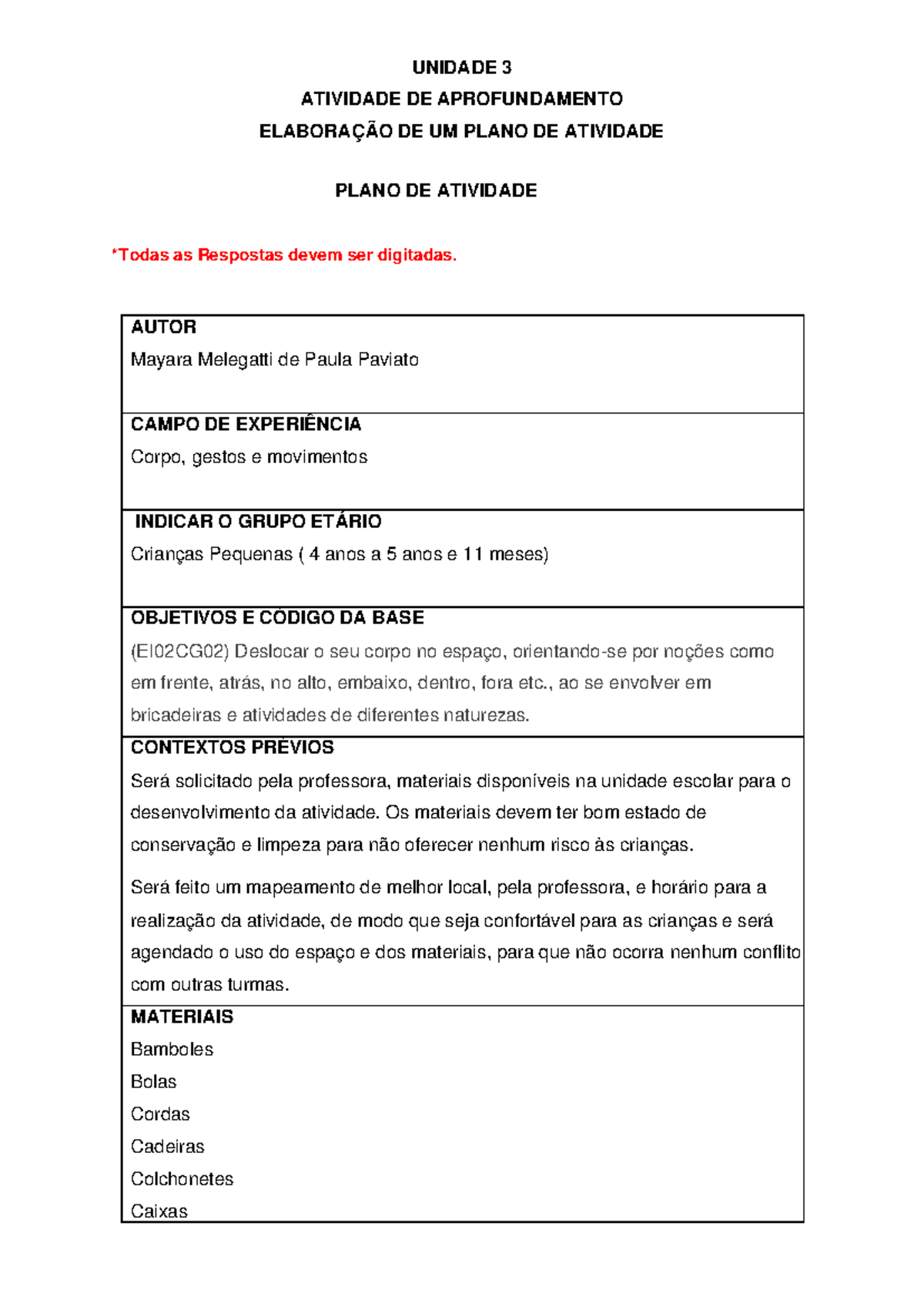 Prática de Ensino em Educação Infantil - Modelo Atividade III - Plano ...