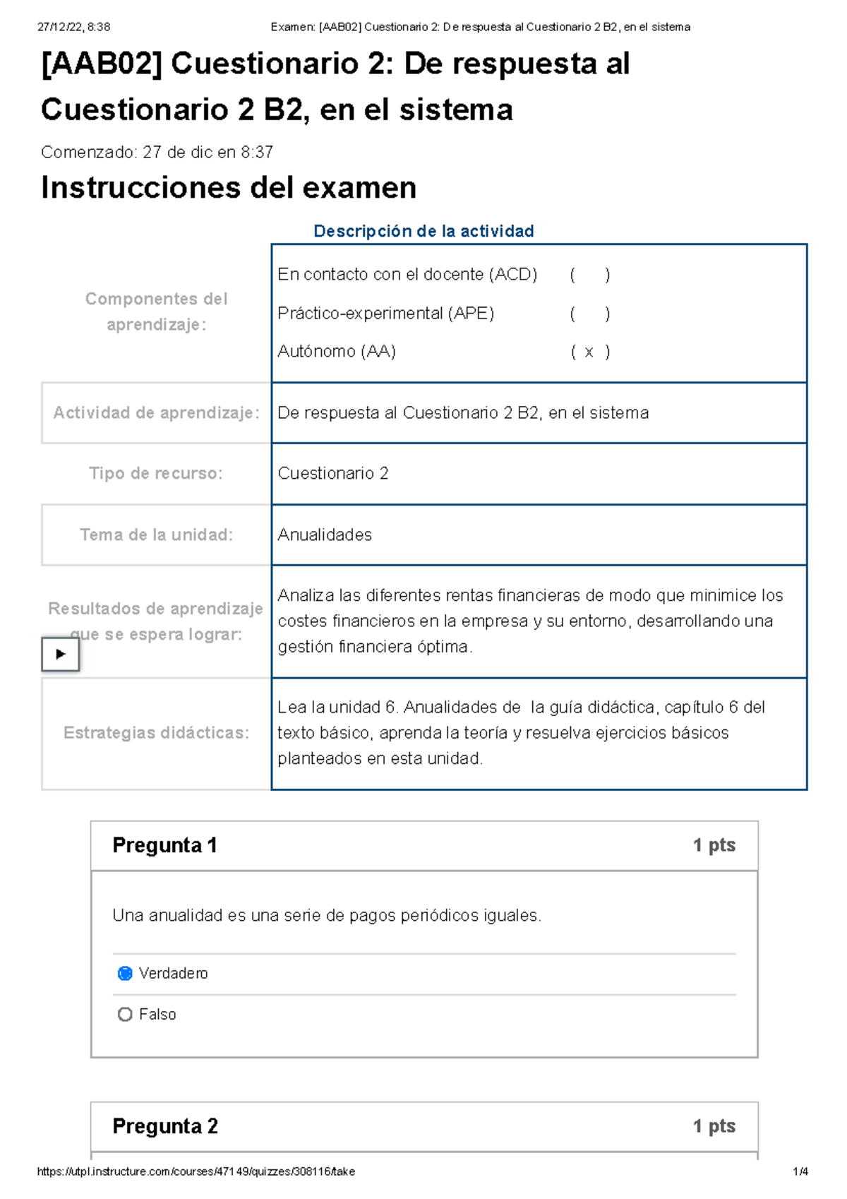 Examen [AAB02] Cuestionario 2 De Respuesta Al Cuestionario 2 B2, En El ...