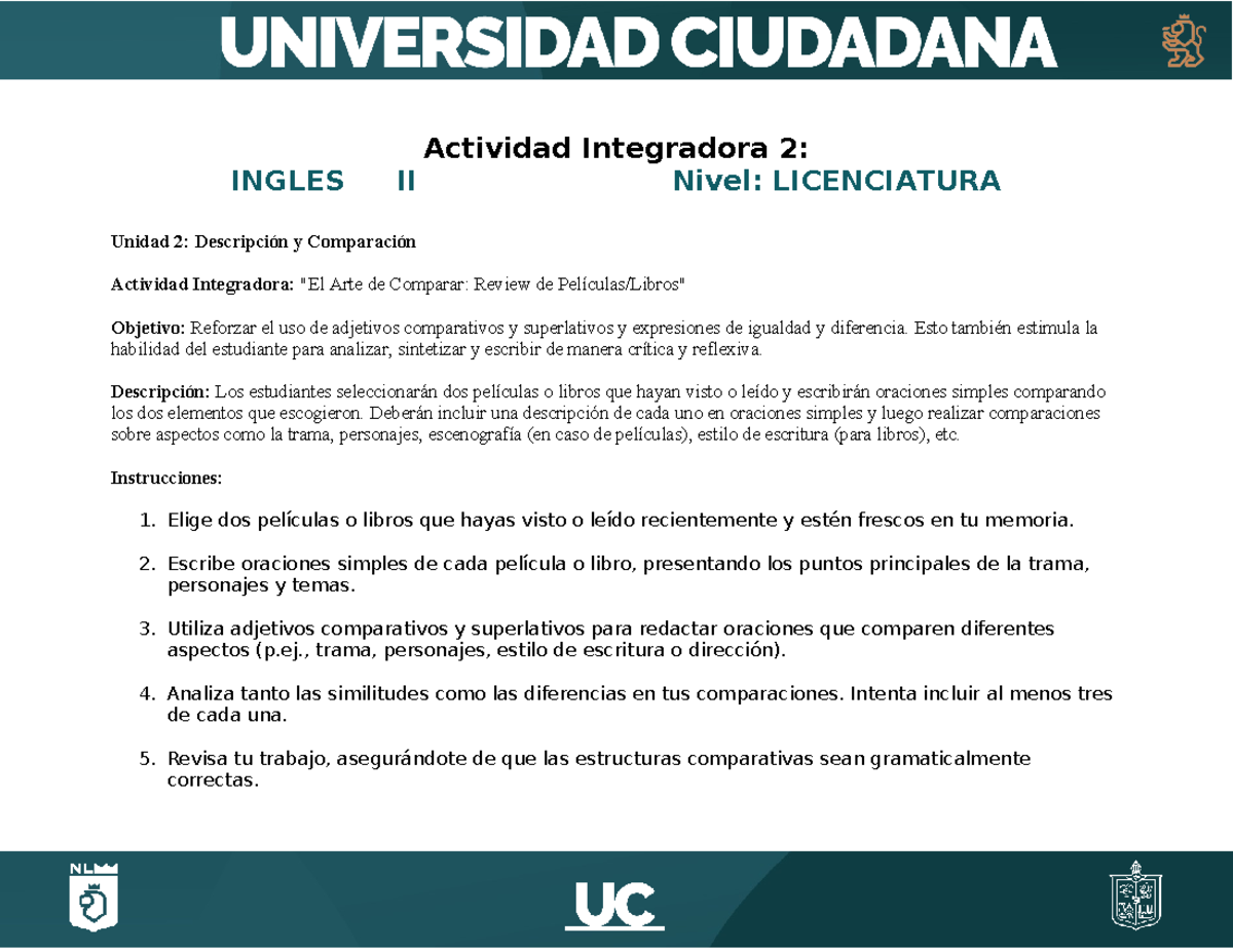 Actividad Integradora 2 PLIC2 - Actividad Integradora 2: INGLES II ...