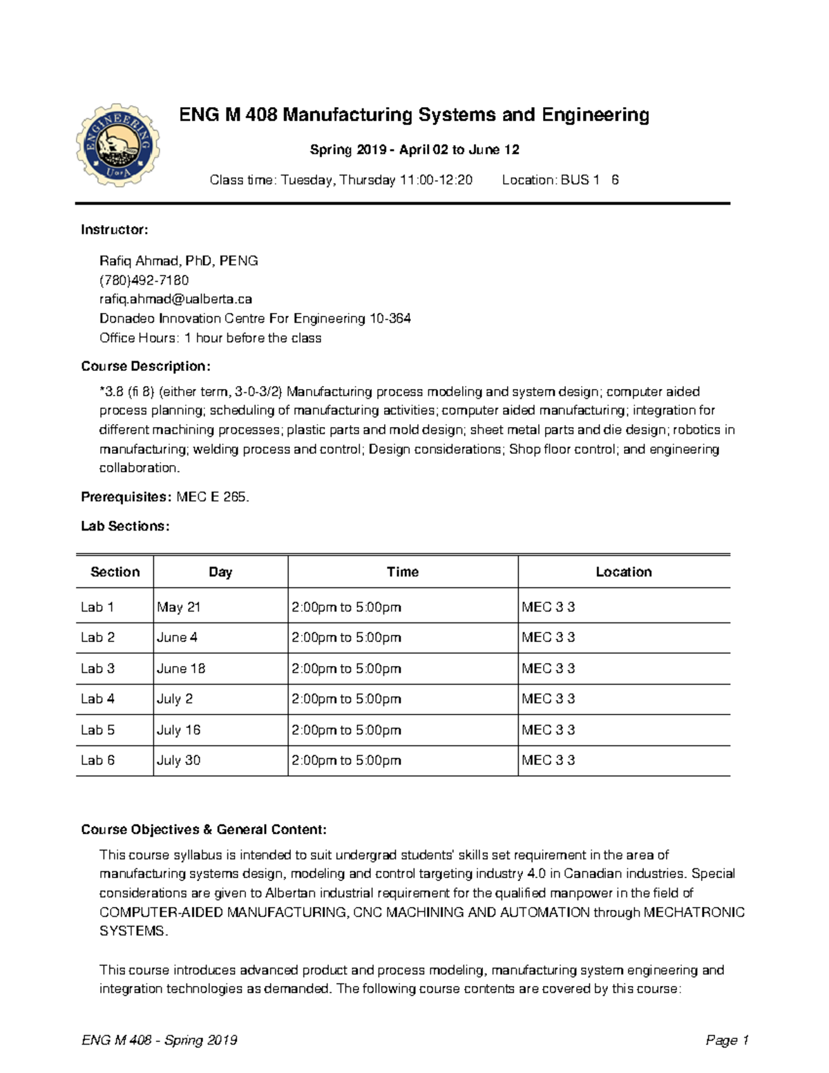 Course Syllabus ENG M 408 ENG M 408 Manufacturing Systems and