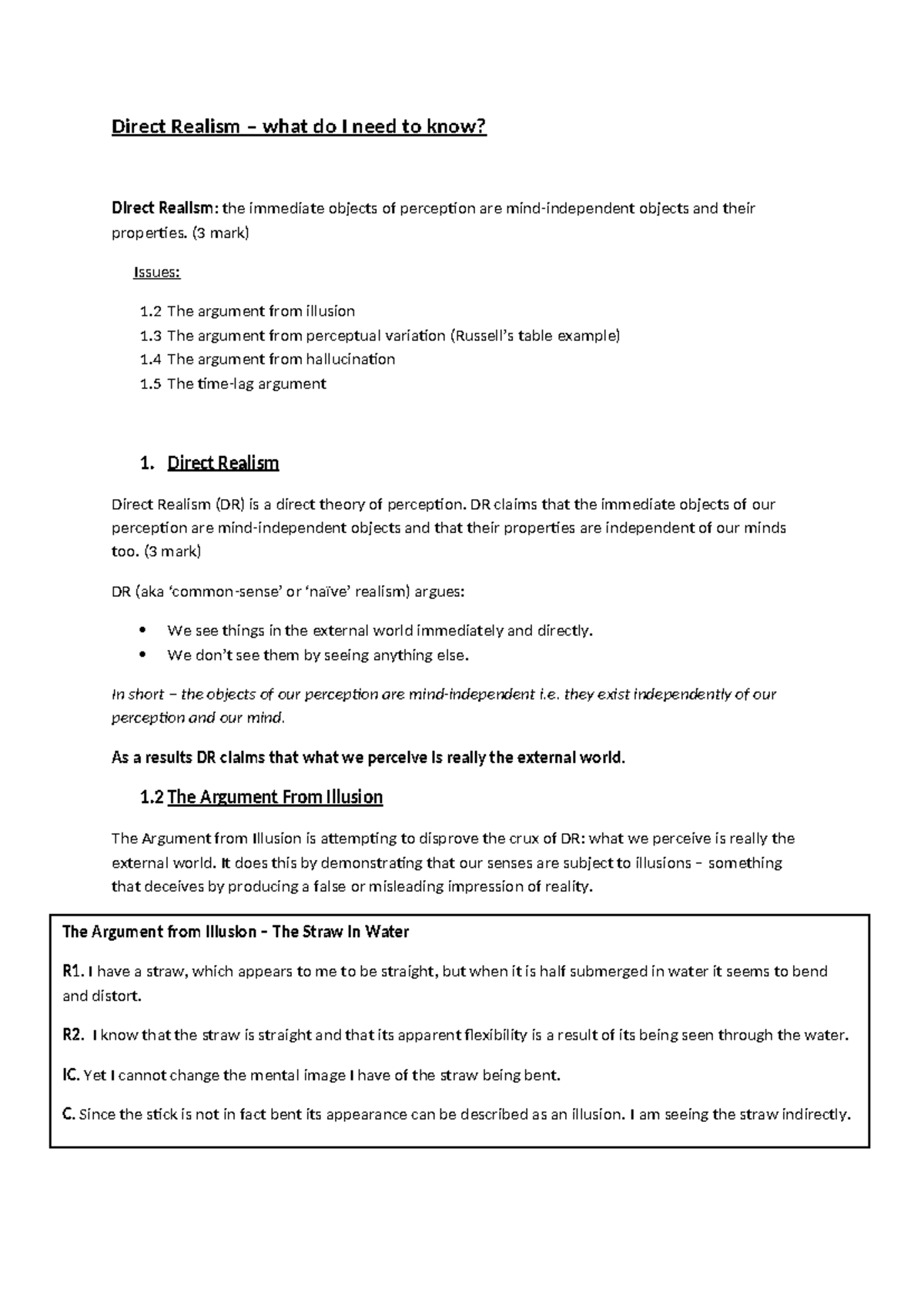 1 Direct Realism Revision Summary - Direct Realism – what do I need to ...