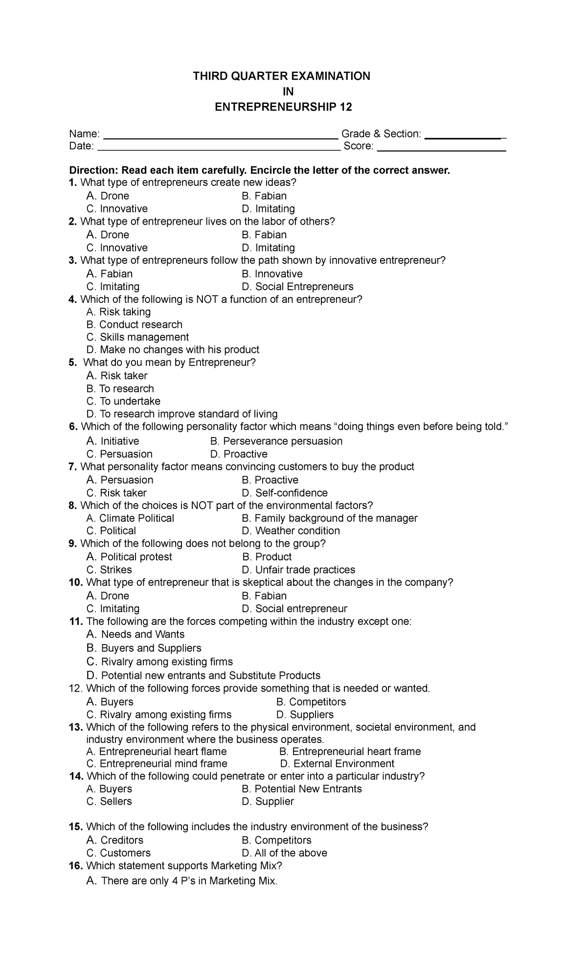 Third quarter exam in Entrepreneurship - THIRD QUARTER EXAMINATION IN ...