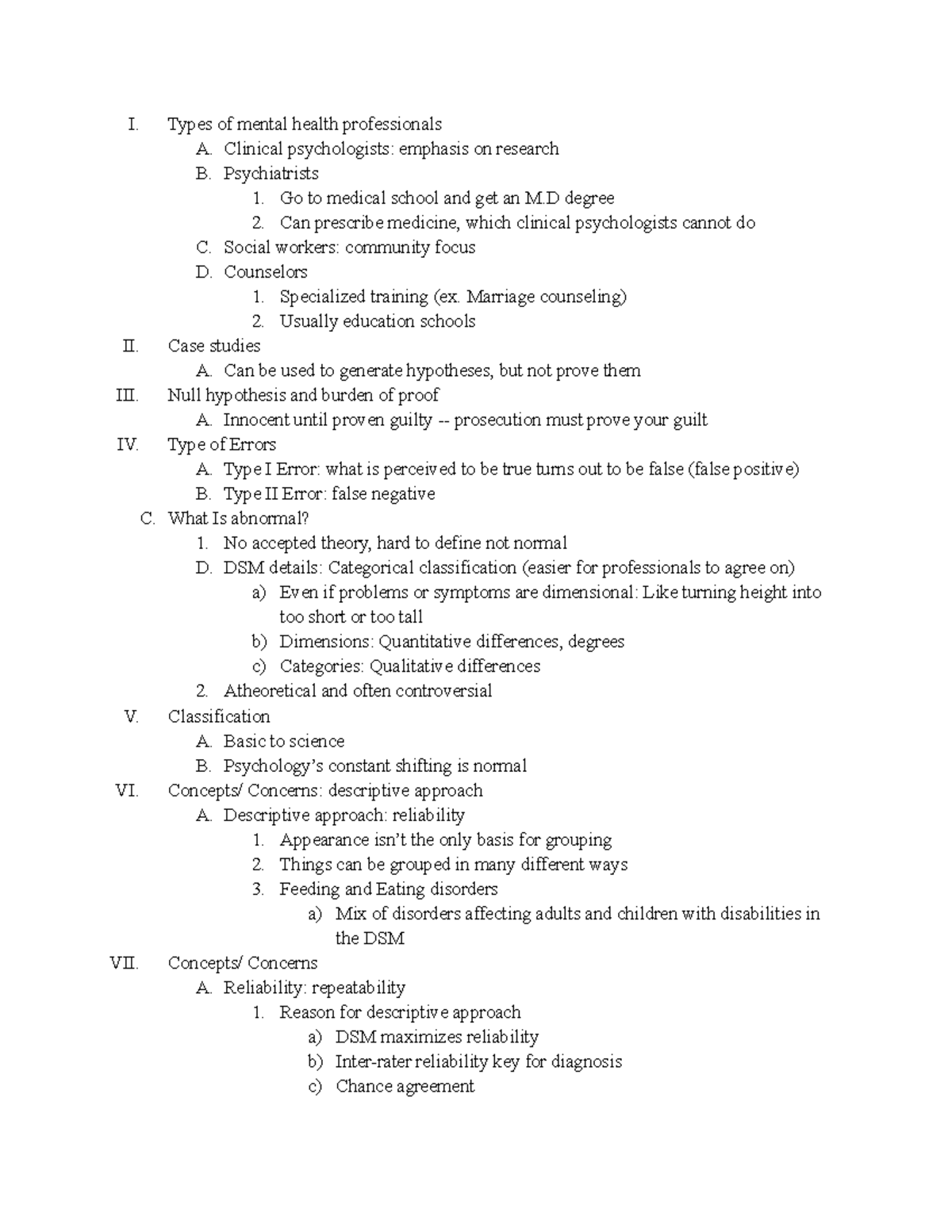 Test 1 Abnormal Psych Notes I Types Of Mental Health Professionals A 