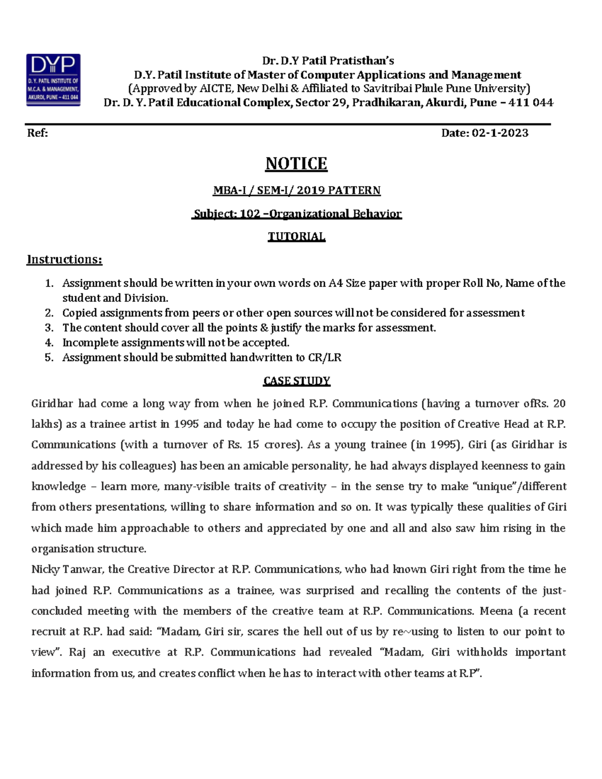 OB+ Assignment+ Notice-++Tutorial+1+(+2nd+January+2023) - Dr. D Patil ...