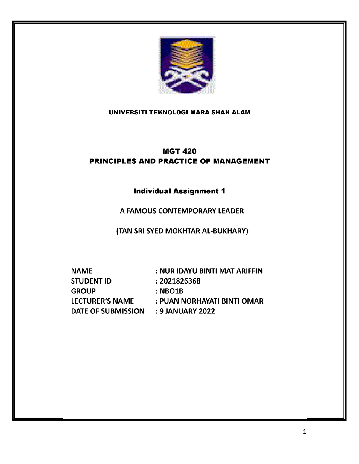 Individual Assignment OCT 2021 - UNIVERSITI TEKNOLOGI MARA SHAH ALAM ...