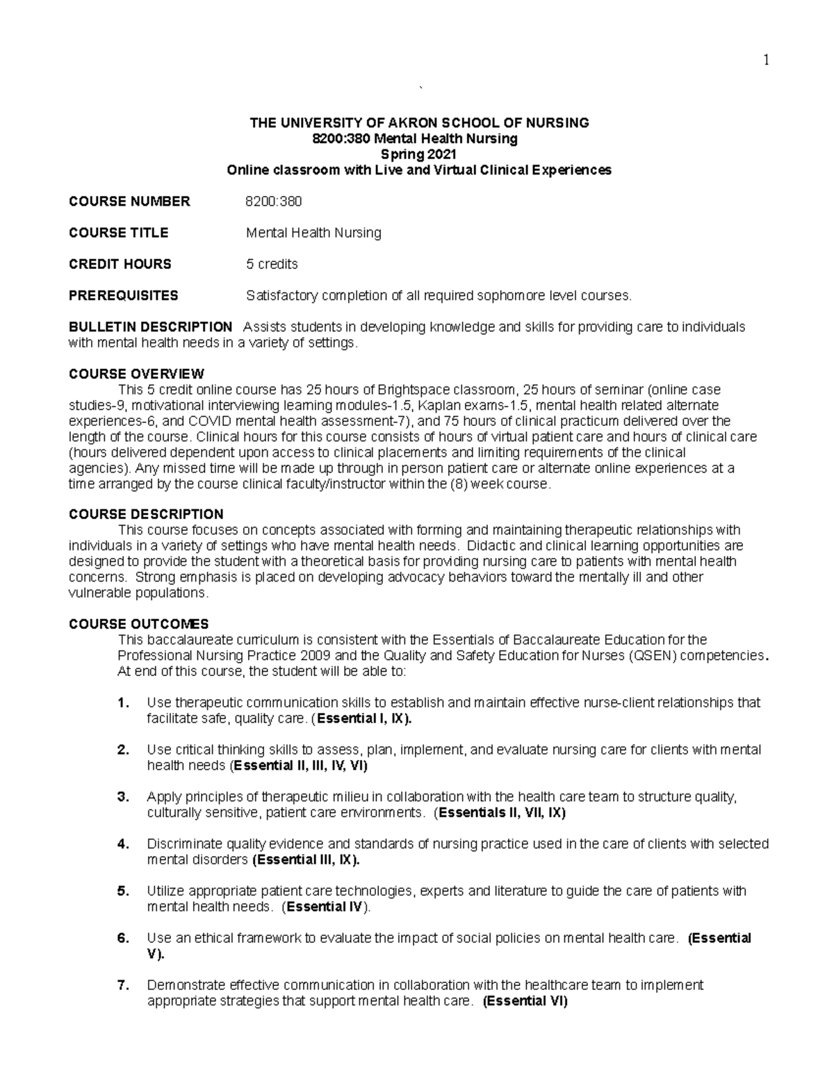 Syllabus.N380 001 Spring I - ` THE UNIVERSITY OF AKRON SCHOOL OF ...