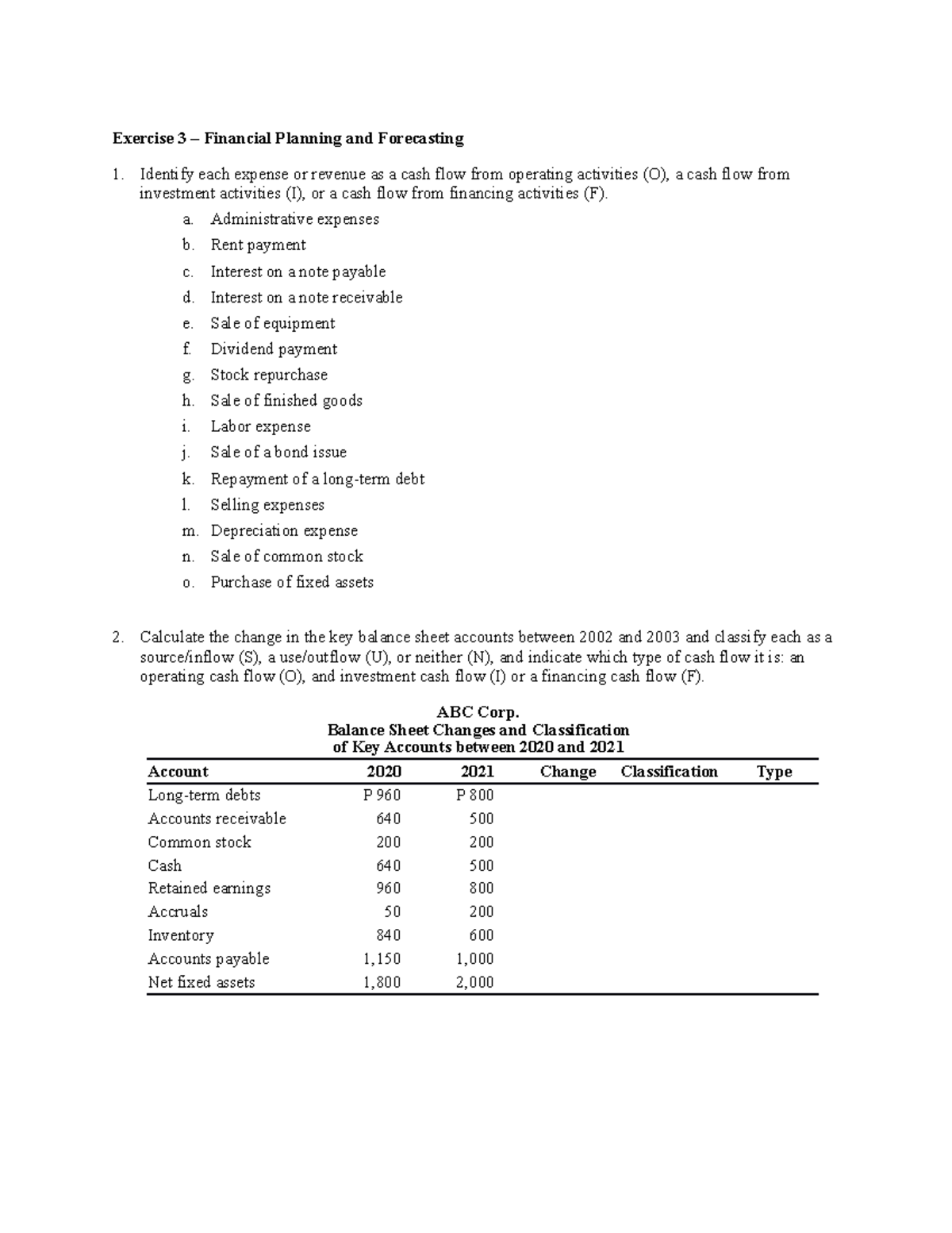 Exercises 3 for printing Exercise 3 Financial Planning and Forecasting Identify each