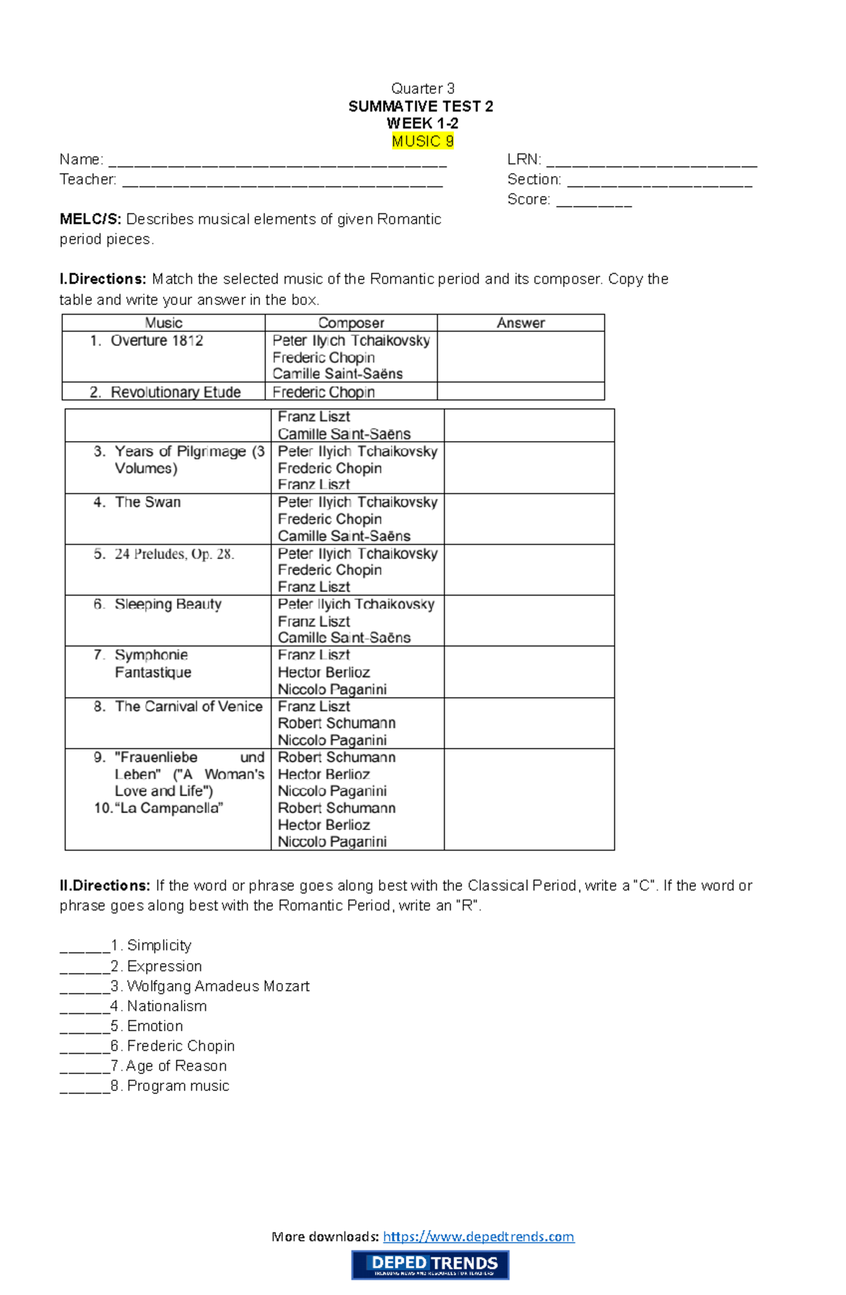 St Music 9 Wk1-2 - Sample Test - Quarter 3 SUMMATIVE TEST 2 WEEK 1 ...