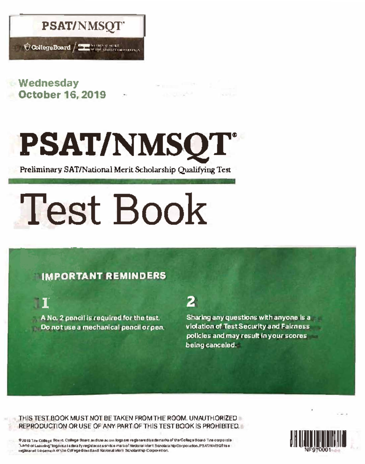 October 2019 PSAT Test 10 16 2019 - PSAT/NMSQT. V O E E Oa 6 C 11 G B ...