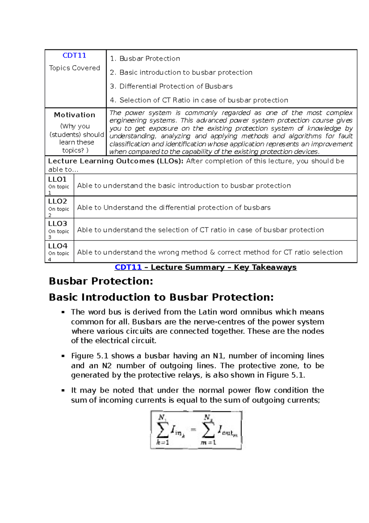 Busbar Protection 11 CDT Topics Covered 1. Busbar Protection 2. Basic