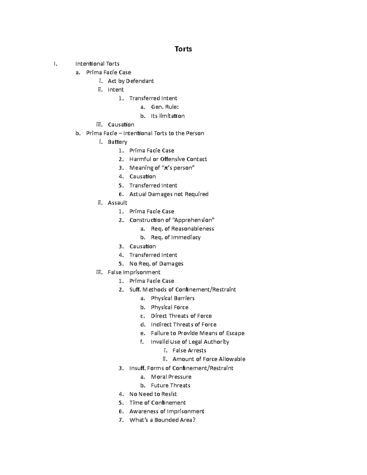 Torts Comprehensive Outline - Torts I. Intentional Torts a. Prima Facie ...