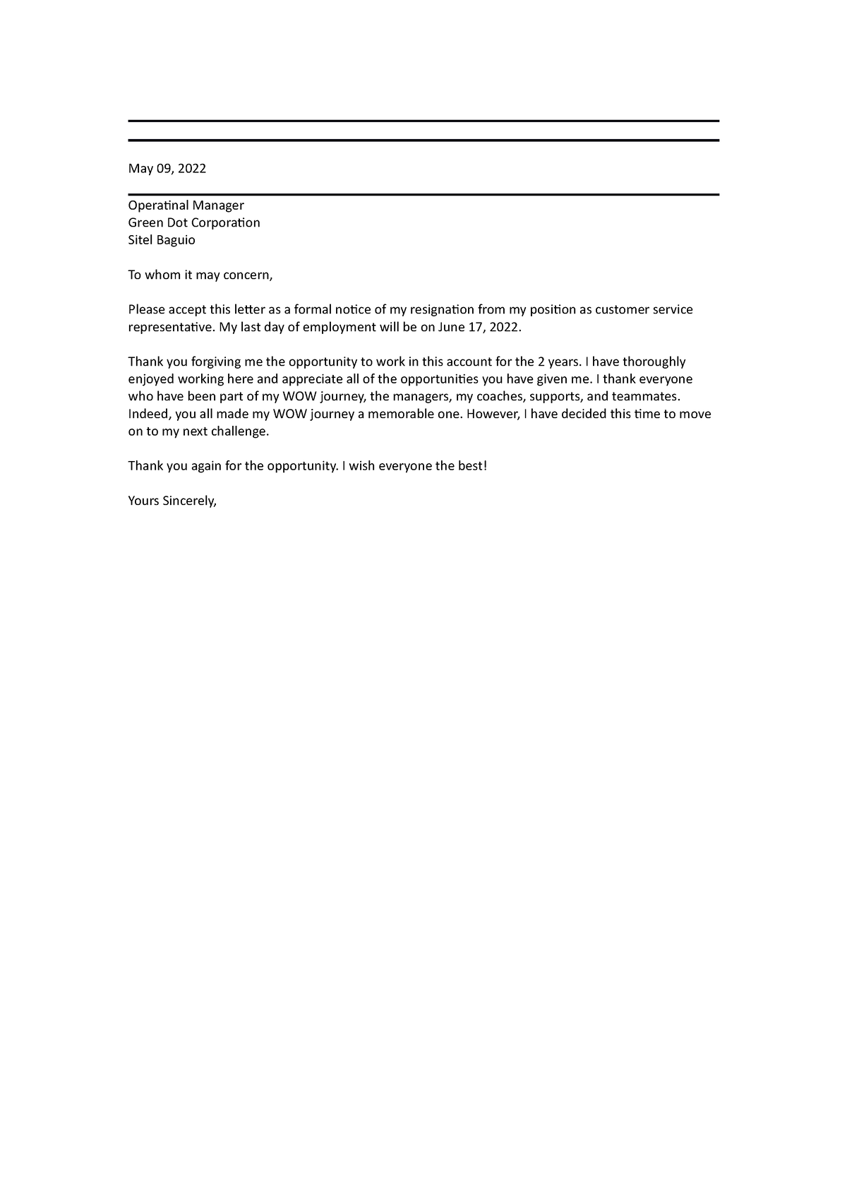 Simple Resignation letter - May 09, 2022 Operatinal Manager Green Dot ...