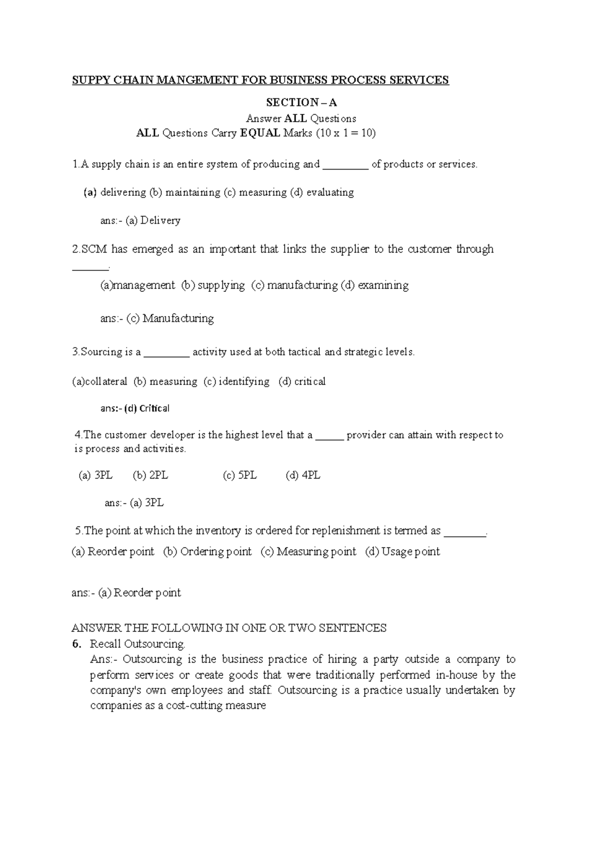 Supply Chain Management Question Paper SUPPY CHAIN MANGEMENT FOR