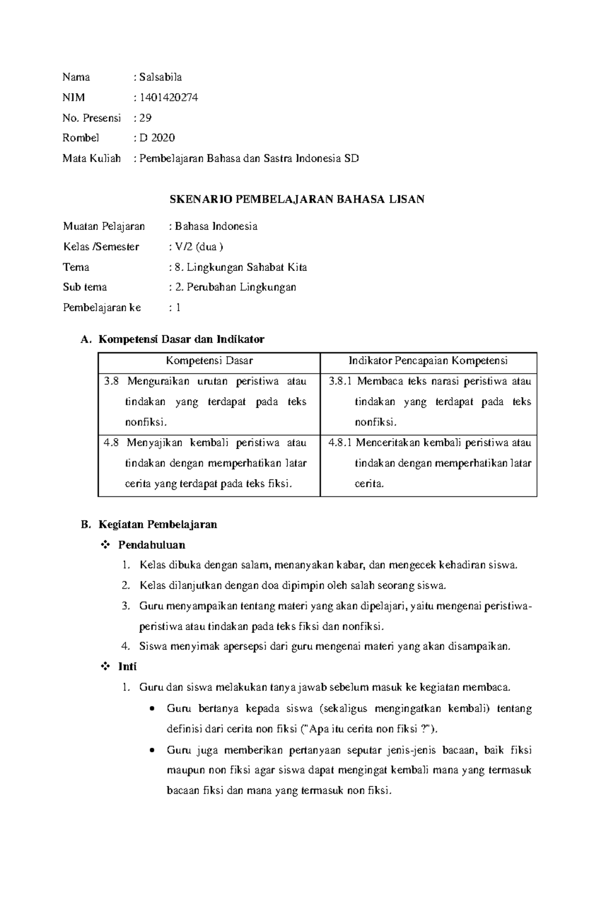 Skenario Pembelajaran B.Indonesia (Bahasa Lisan) - Nama : Salsabila NIM ...