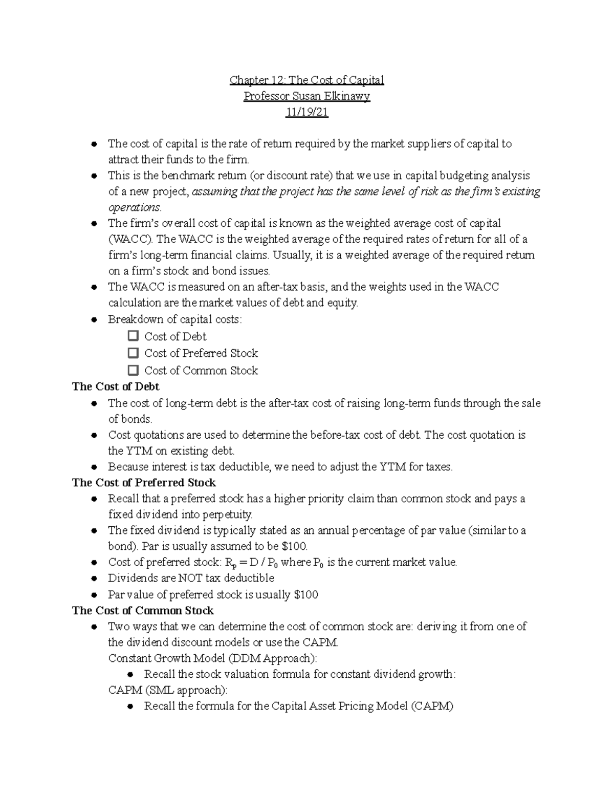 Chapter 12 The Cost of Capital - FNCE 3400 - LMU - Studocu