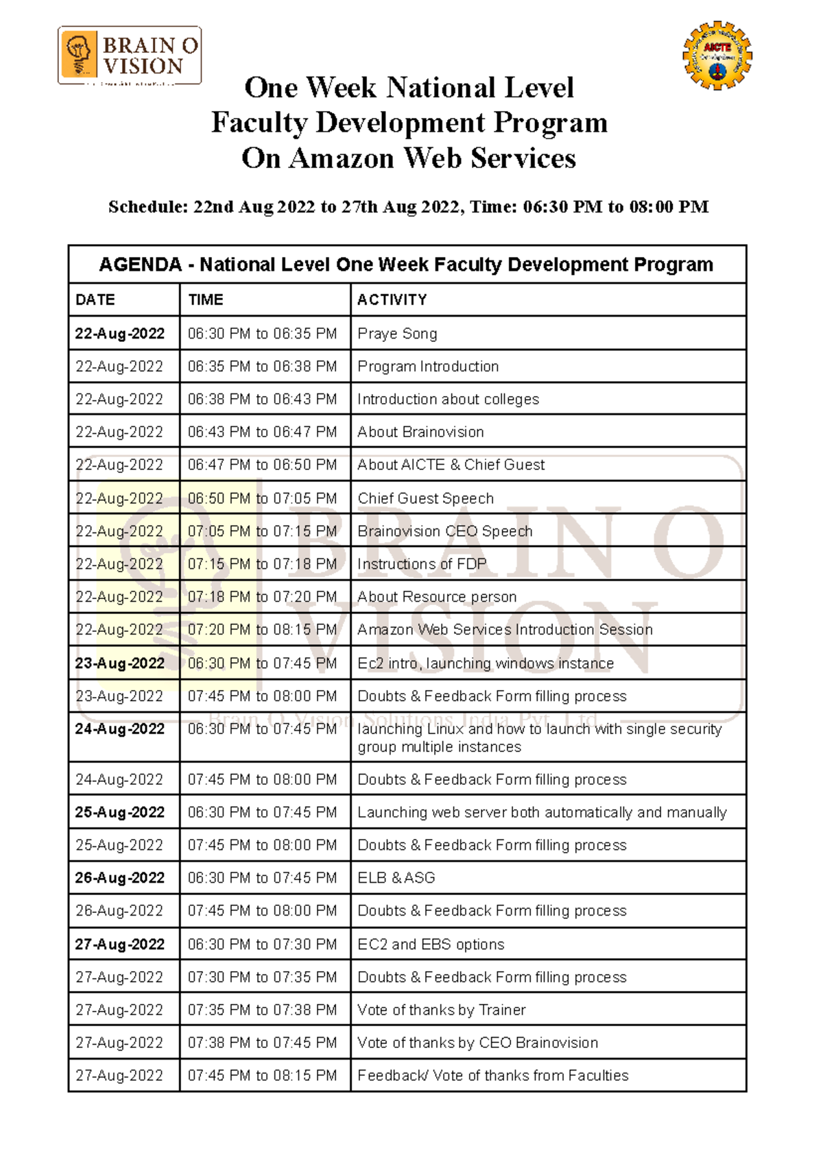 Agenda - National Level FDP on AWS - One Week National Level Faculty ...
