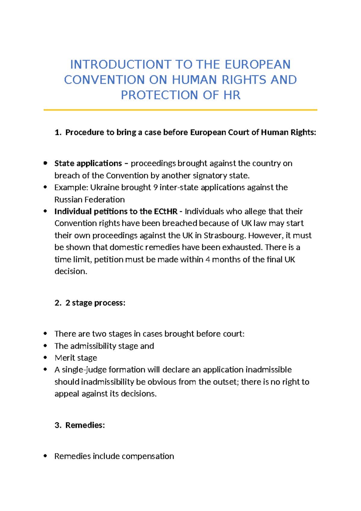 Unit 1 - notes - INTRODUCTIONT TO THE EUROPEAN CONVENTION ON HUMAN ...
