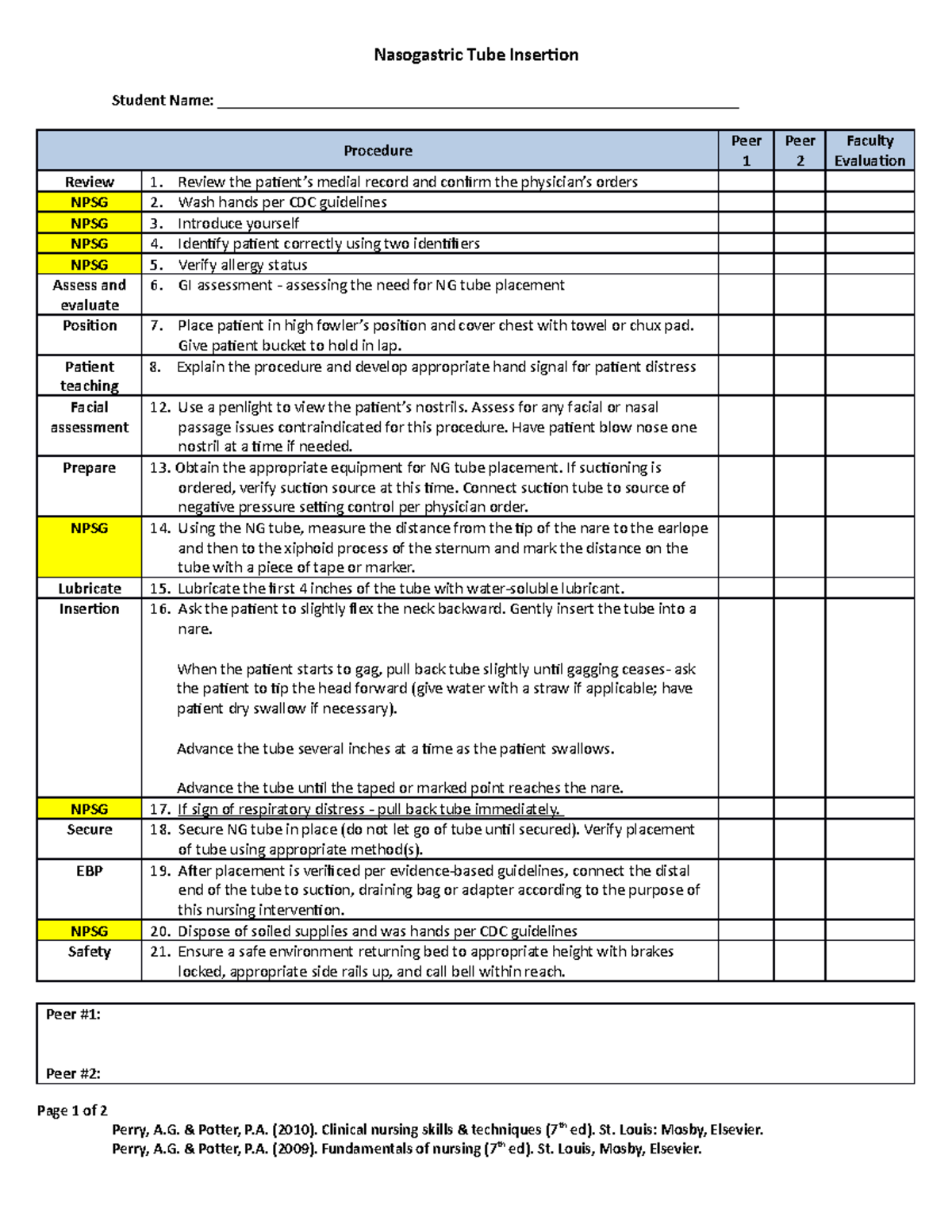 Ng Tube Checkoff Study List For Ng Tube Insertion Nasogastric Tube