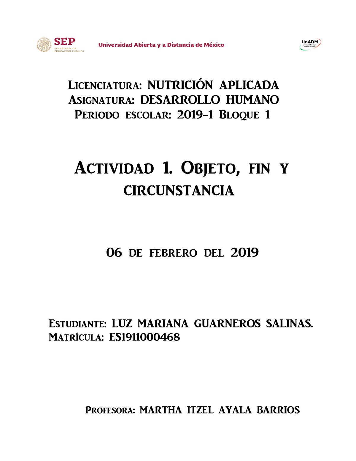 DHU U1 A1 LMGS - Desarrolo Humano - Licenciatura: NUTRICIÓN APLICADA ...