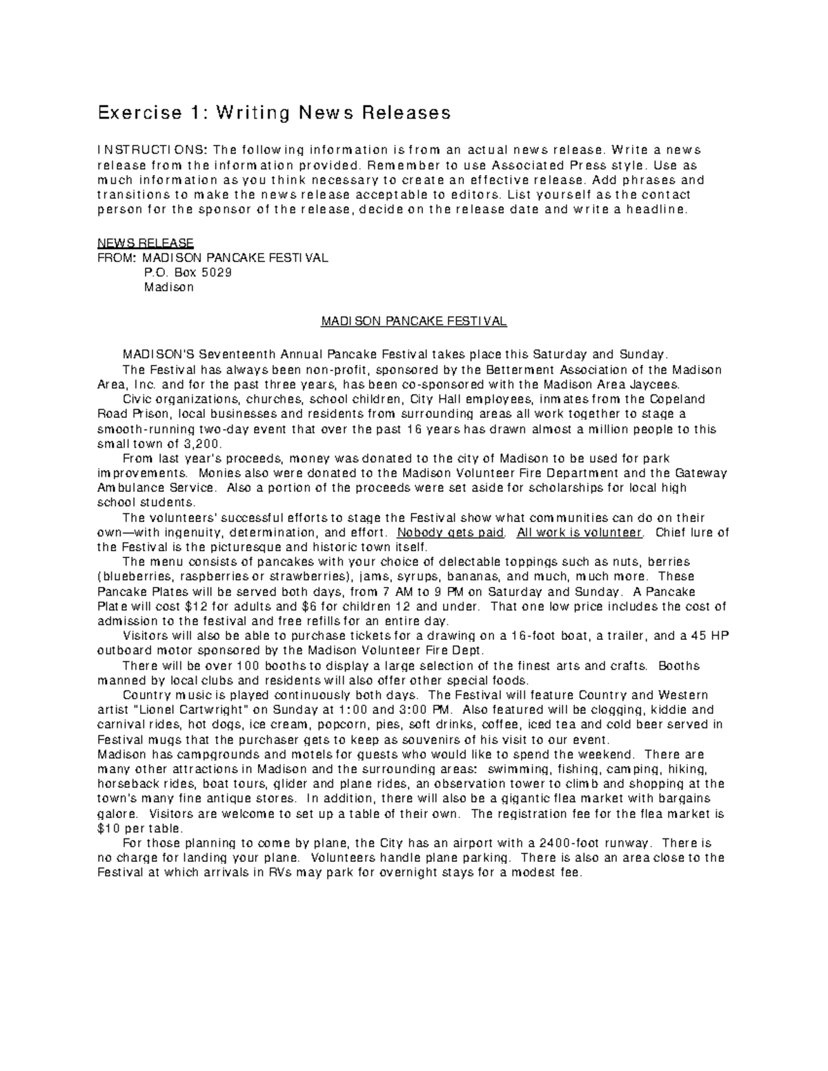 Ch20 exercises - Exercise 1: Writing News Releases INSTRUCTIONS: The ...