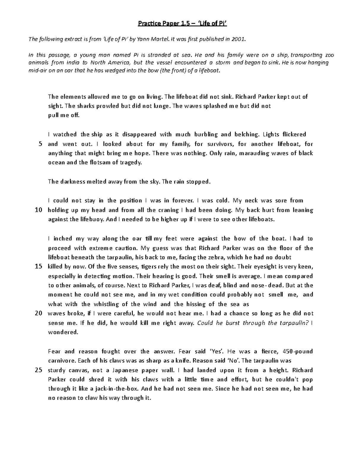 English Task 5 Life of Pi - Practice Paper 1 – ‘Life of Pi’ The ...