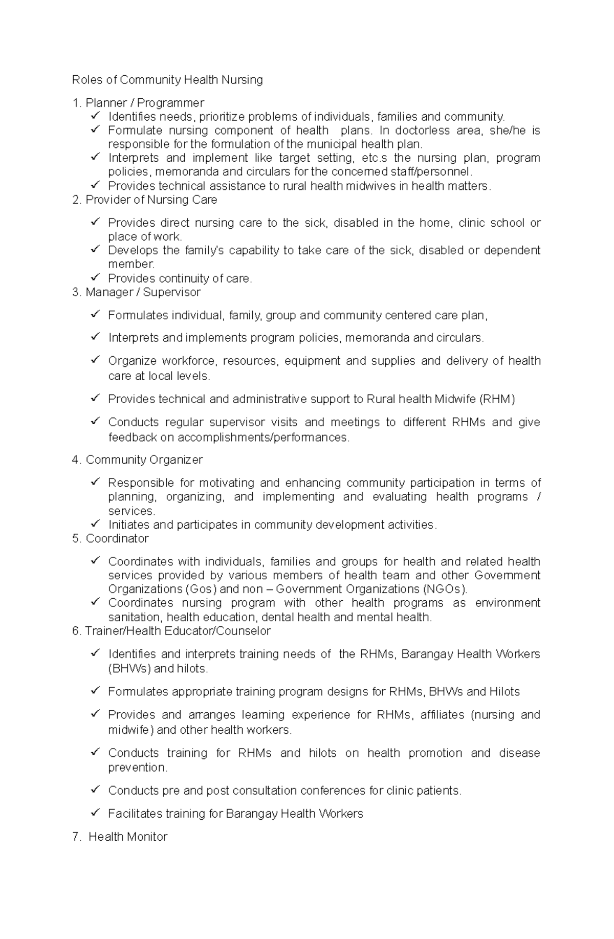 Roles Of Community Health Nursing Roles Of Community Health Nursing 