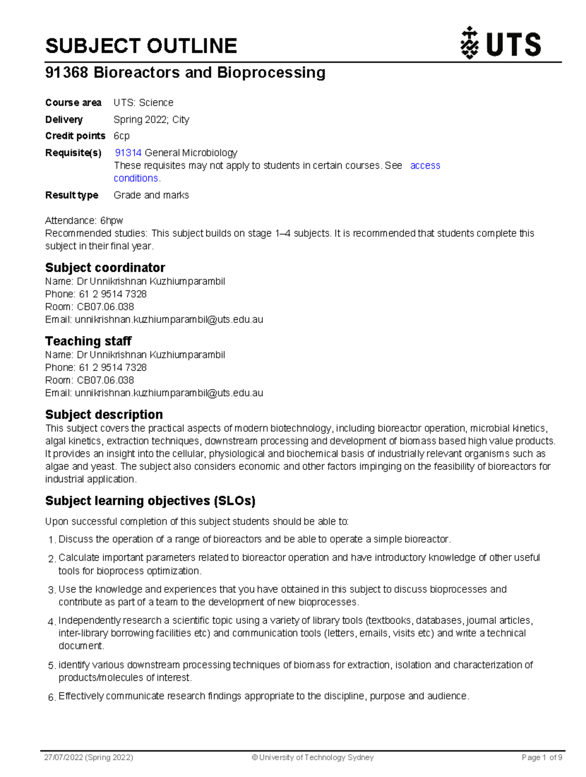 Outline - SUBJECT OUTLINE 91368 Bioreactors and Bioprocessing ...