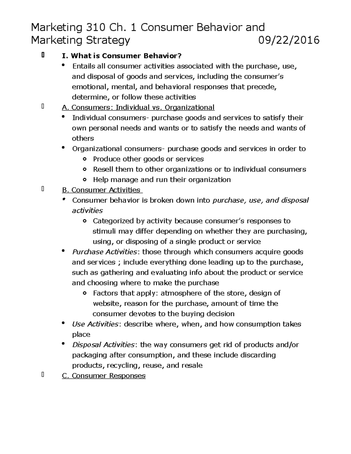 Test 1 Study Guide - Marketing 310 Ch. 1 Consumer Behavior And ...