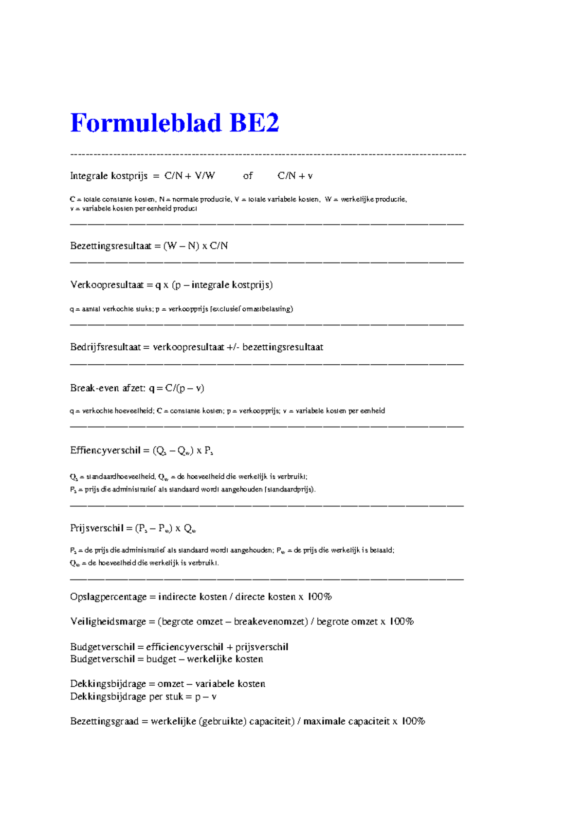 Bedrijfseconomie 2 Formule Blad Studeersnel