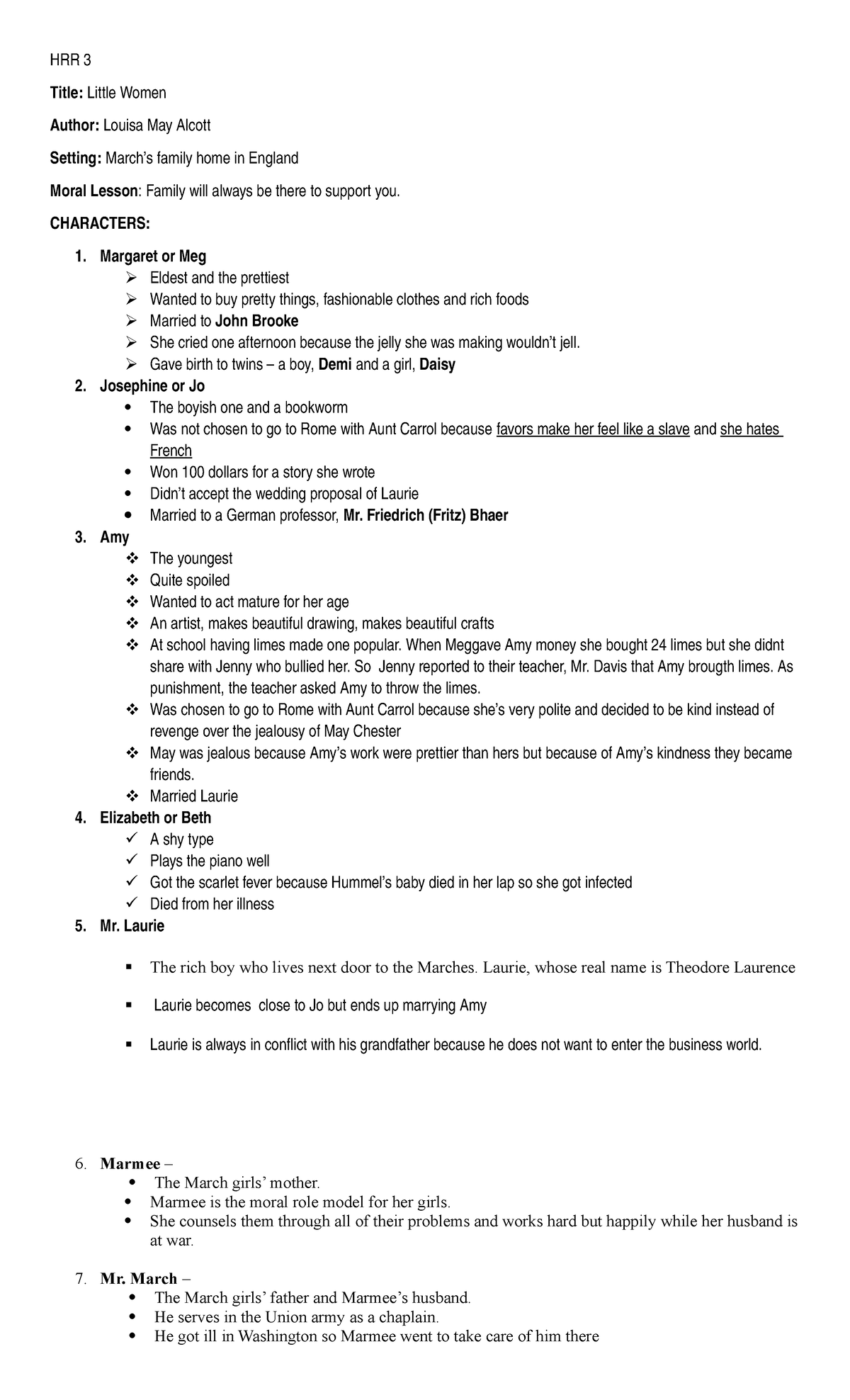 HRR - Little Women - Home Reading Report Summary - HRR 3 Title: Little ...