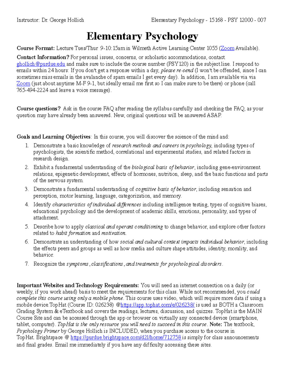 PSY 120 Syllabus - Instructor: Dr. George Hollich Elementary Psychology ...