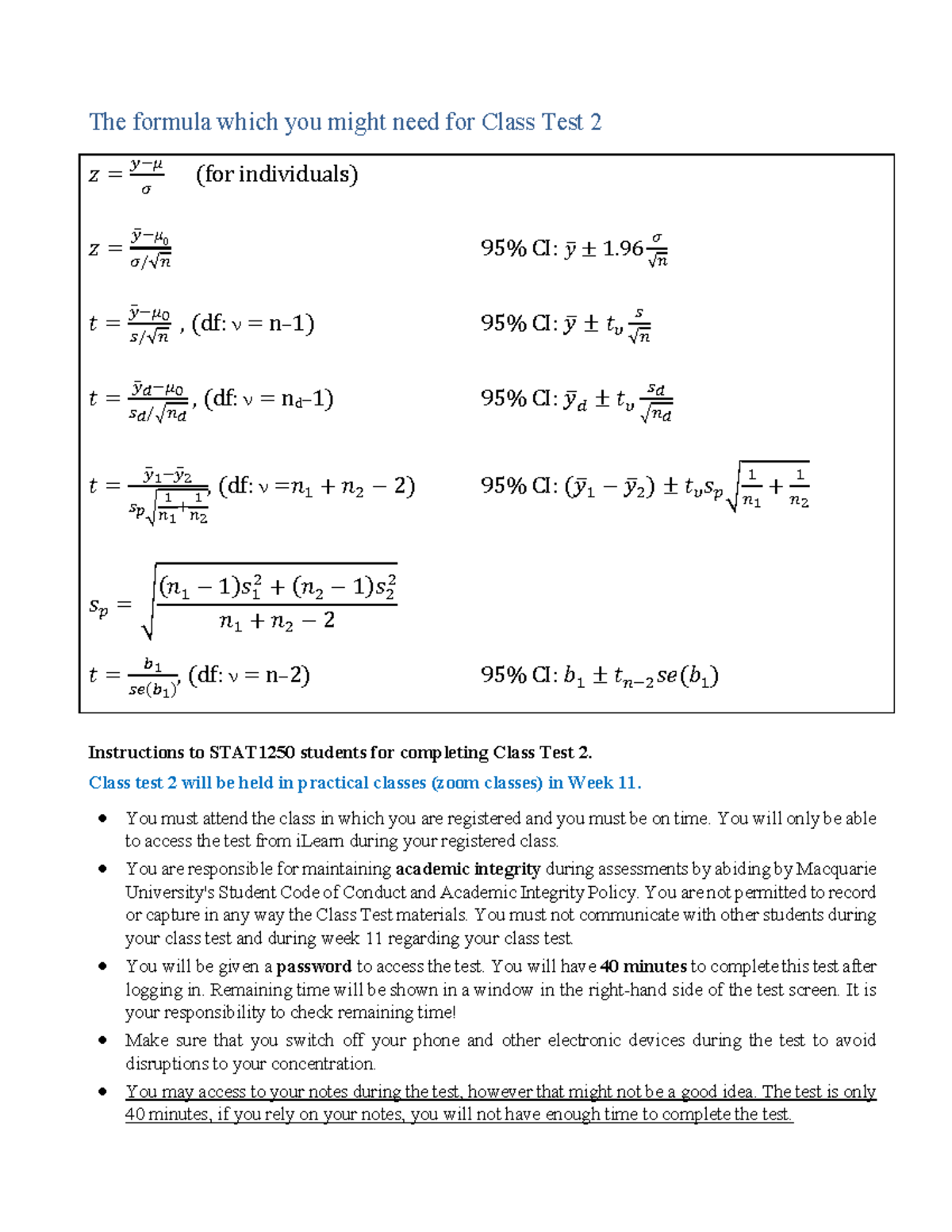 Class test 2 instructions - The formula which you might need for Class ...