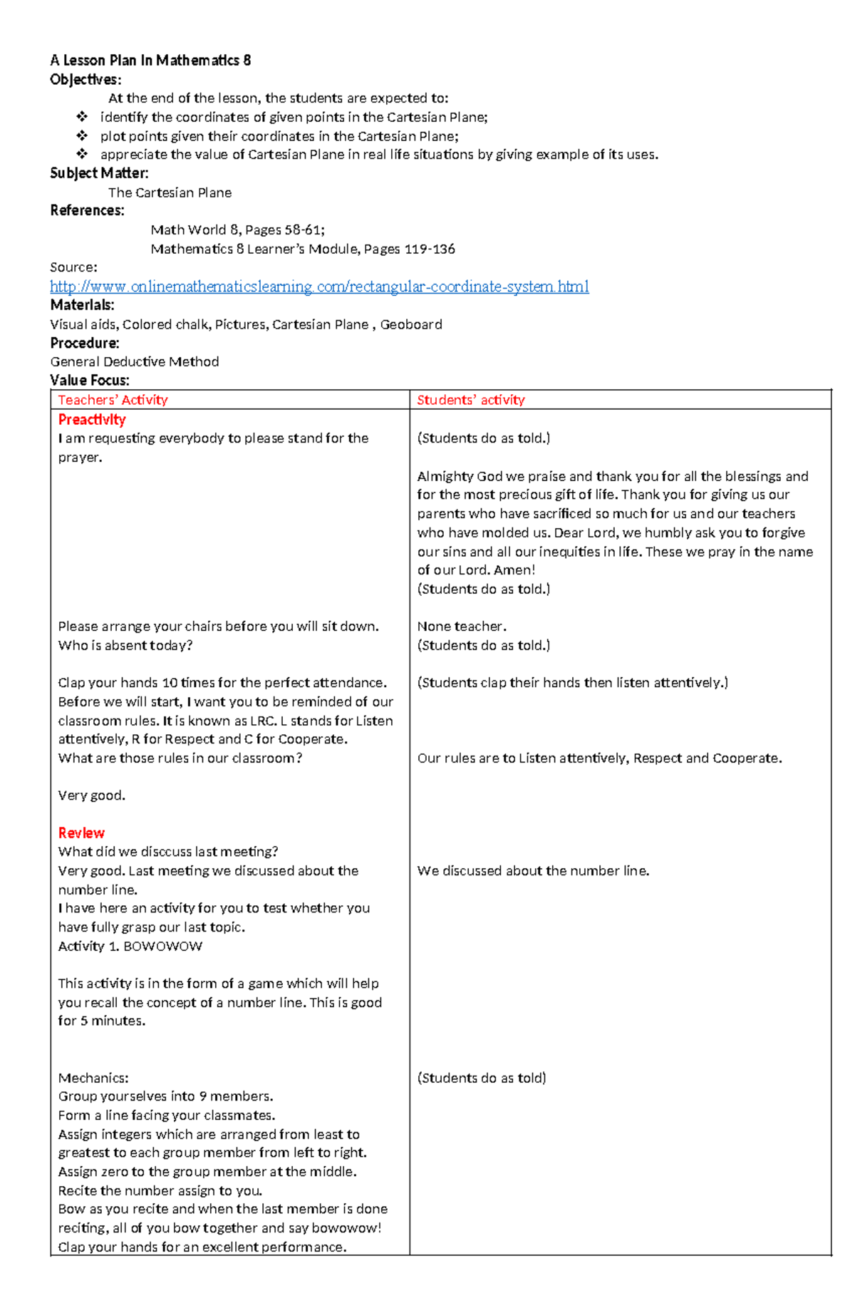 A Lesson Plan in Mathematics 8 - Subject Matter: The Cartesian Plane ...